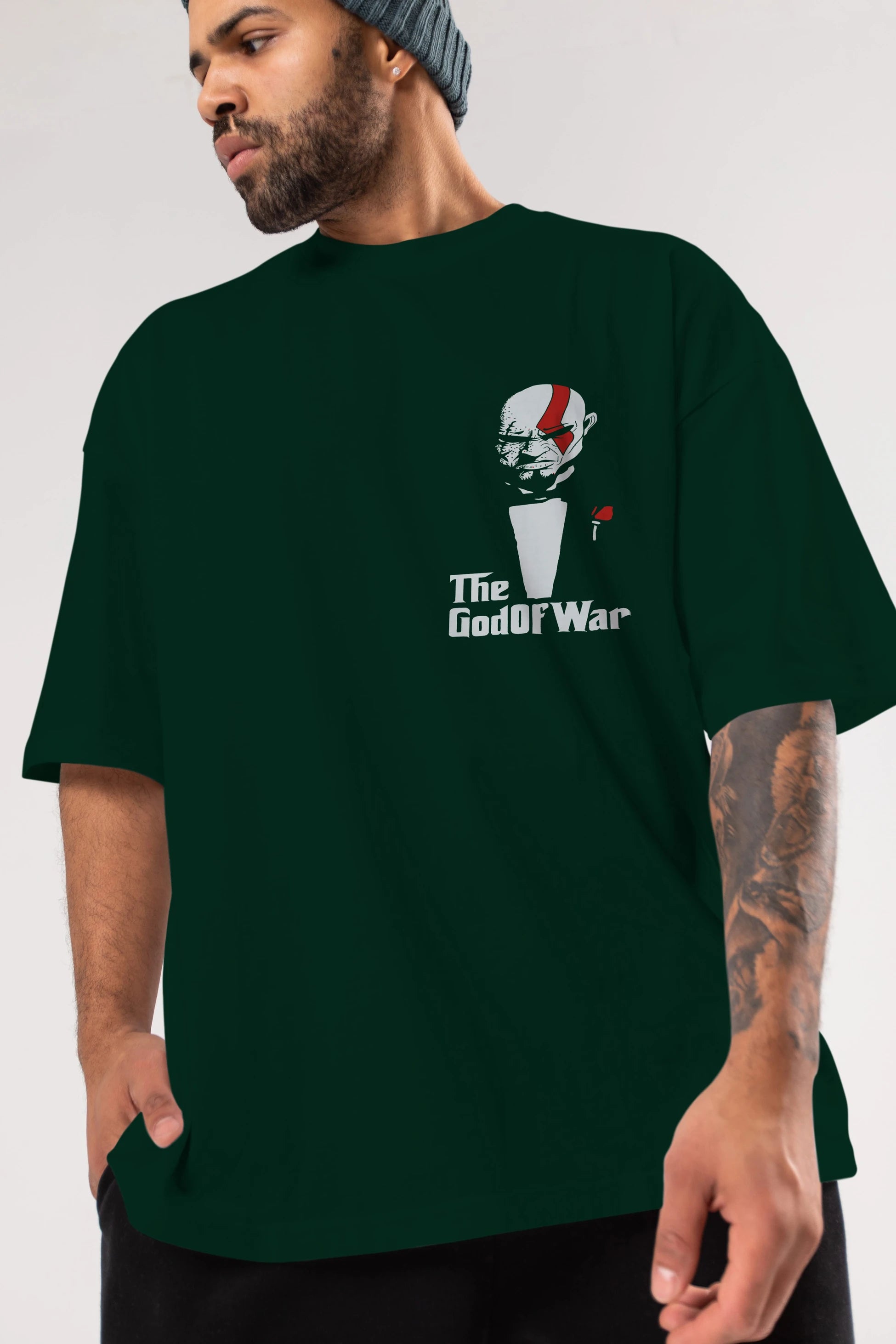 The God of War Ön Sol Baskılı Oversize t-shirt Erkek Kadın Unisex %100 Pamuk Bisiklet Yaka tişort