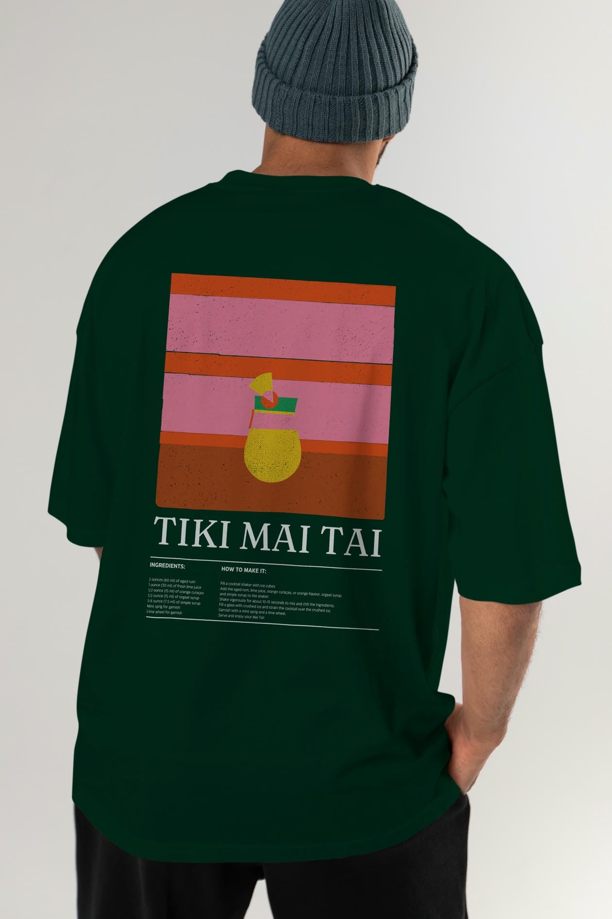 Tiki Mai Tai Kokteyl Serisi Arka Baskılı Oversize t-shirt Erkek Kadın %100 Pamuk Bisiklet Yaka tişort