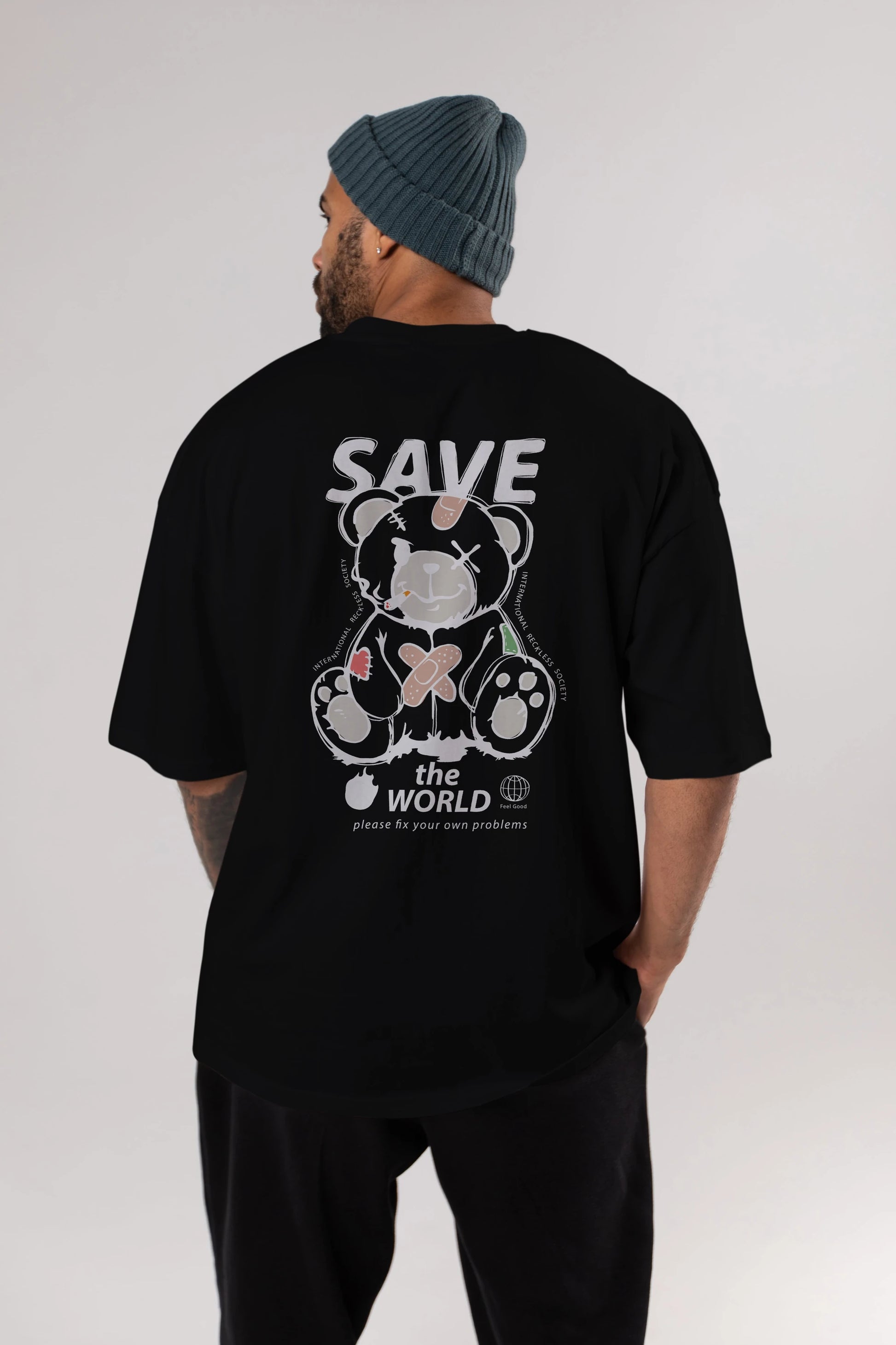 Save the World Bear Arka Baskılı Oversize t-shirt Erkek Kadın Unisex