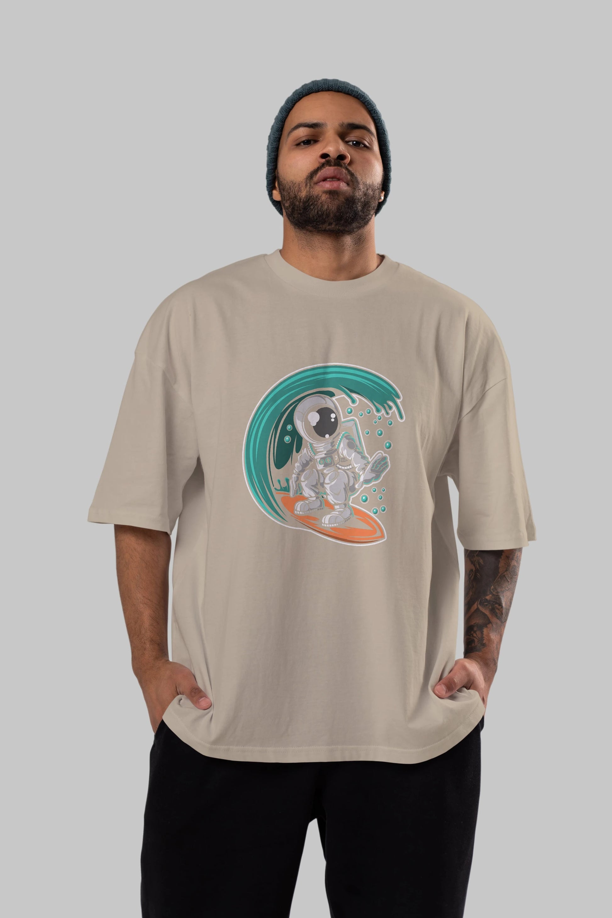 Astronaut Surfing Ön Baskılı Oversize t-shirt Erkek Kadın Unisex
