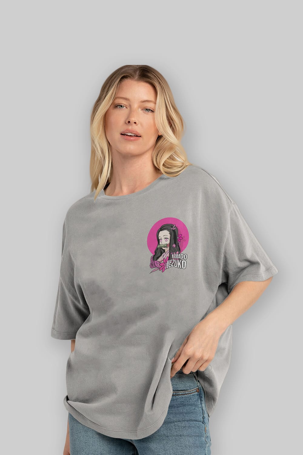 Nezuko Kamado 2 Ön Sol Baskılı Oversize t-shirt Erkek Kadın Unisex %100 Pamuk Bisiklet Yaka tişort