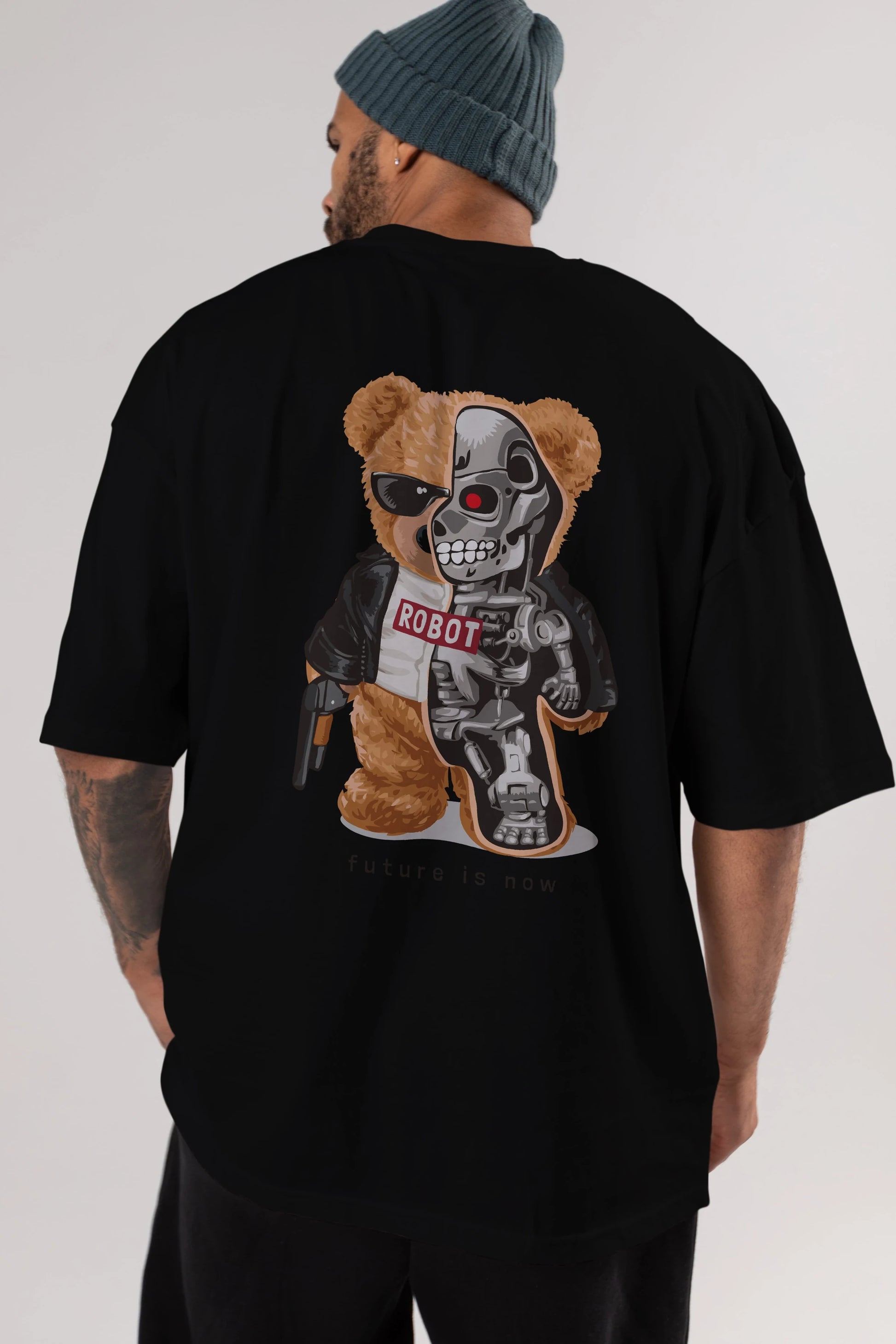 Teddy Bear Robot Arka Baskılı Oversize t-shirt Erkek Kadın Unisex %100 Pamuk