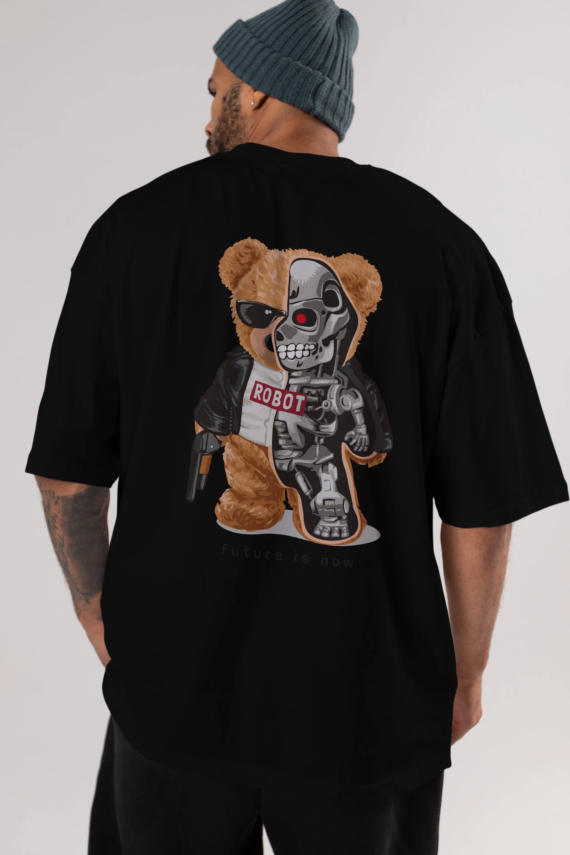 Teddy Bear Robot Arka Baskılı Oversize t-shirt Erkek Kadın Unisex %100 Pamuk