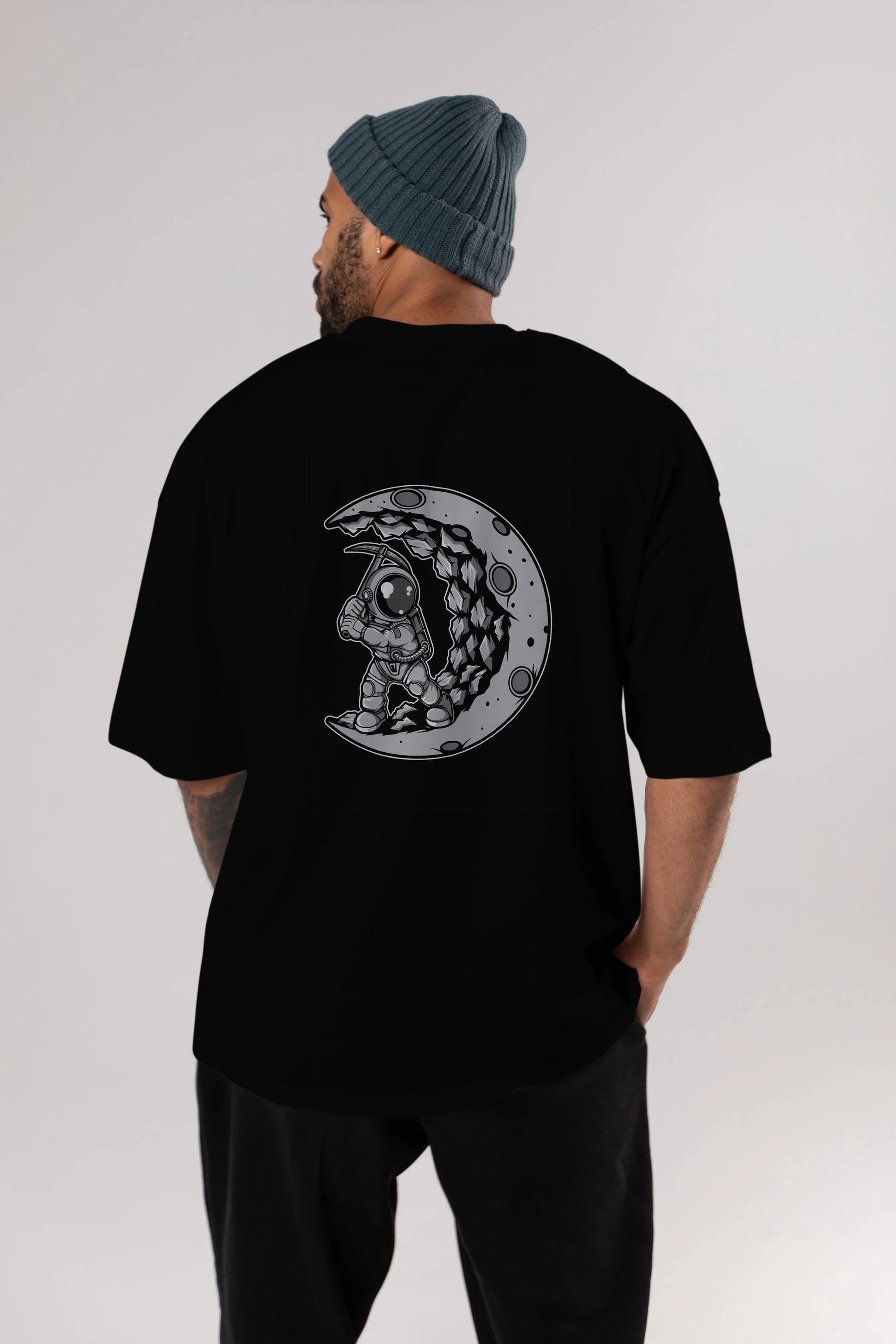 Astronaut Moon Digger Arka Baskılı Oversize t-shirt Erkek Kadın Unisex