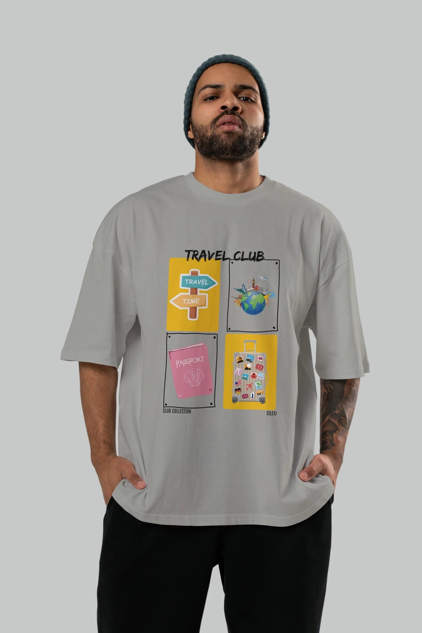Travel Club ön Baskılı Oversize t-shirt Erkek Kadın %100 Pamuk Bisiklet Yaka tişort