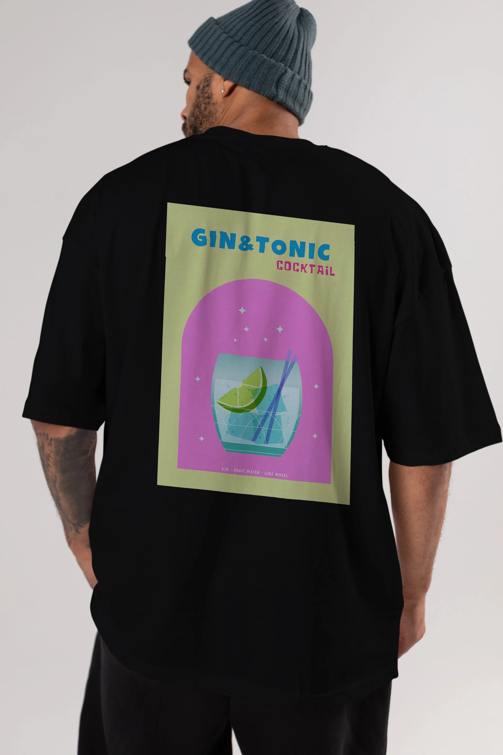 Gin Tonic Cocktail Arka Baskılı Oversize t-shirt Erkek Kadın Unisex %100 Pamuk Bisiklet Yaka tişort
