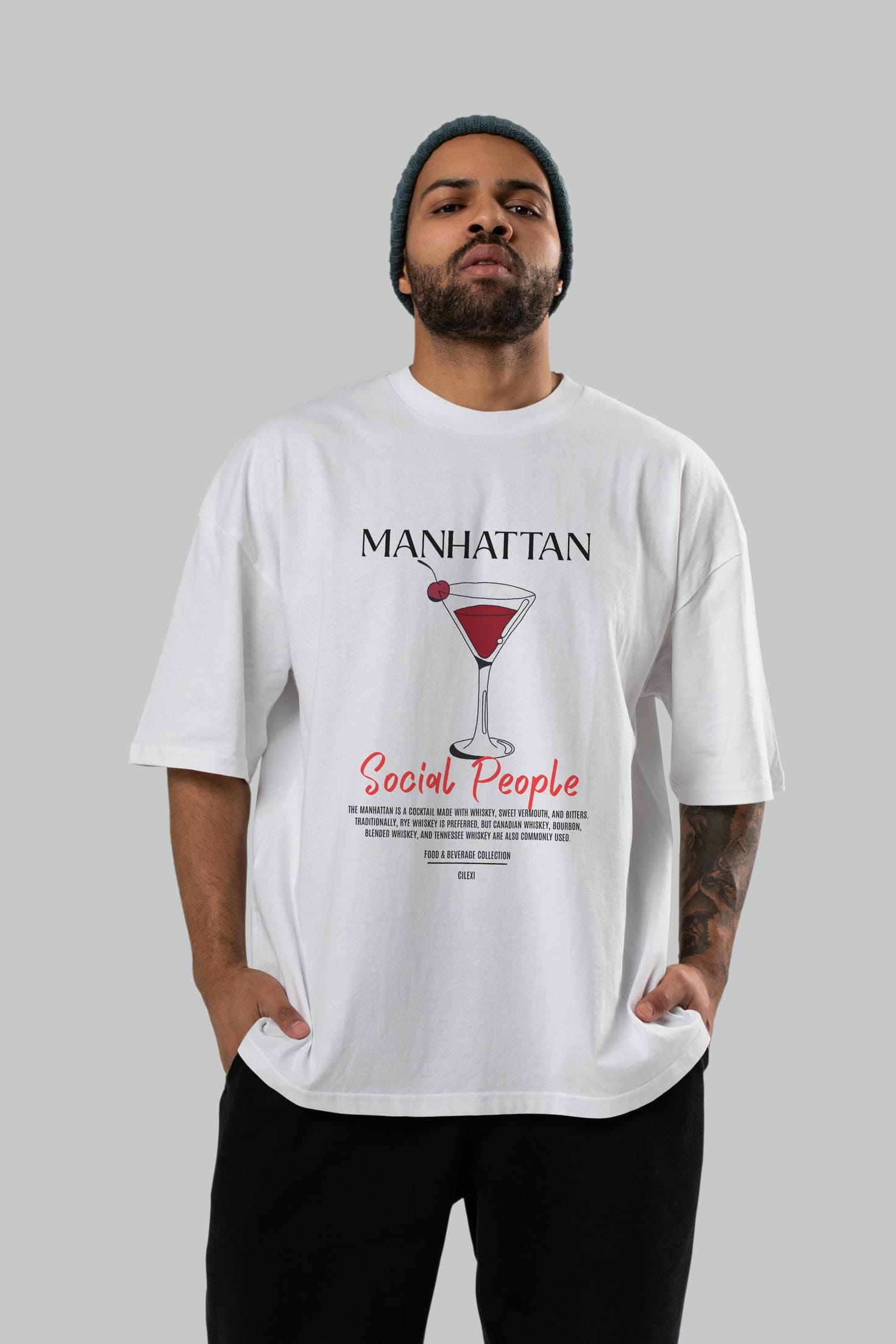 Manhattan Kokteyl Serisi ön Baskılı Oversize t-shirt Erkek Kadın %100 Pamuk Bisiklet Yaka tişort