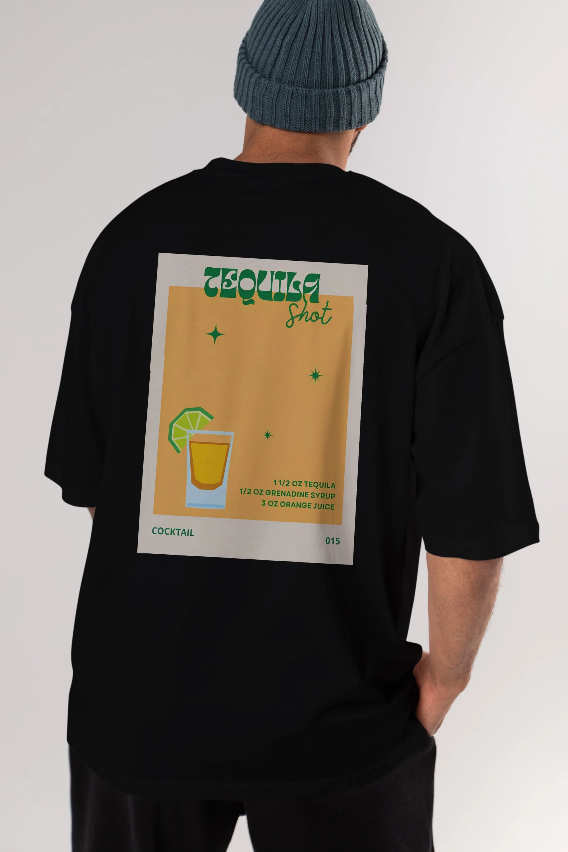 Tequila Shot 2 Arka Baskılı Oversize t-shirt Erkek Kadın Unisex %100 Pamuk Bisiklet Yaka tişort