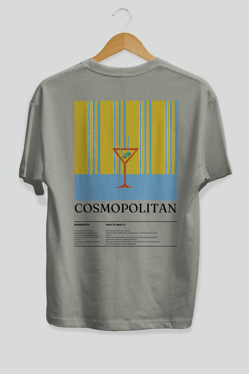 Cosmopolitan Kokteyl Serisi Arka Baskılı Oversize t-shirt Erkek Kadın %100 Pamuk Bisiklet Yaka tişort