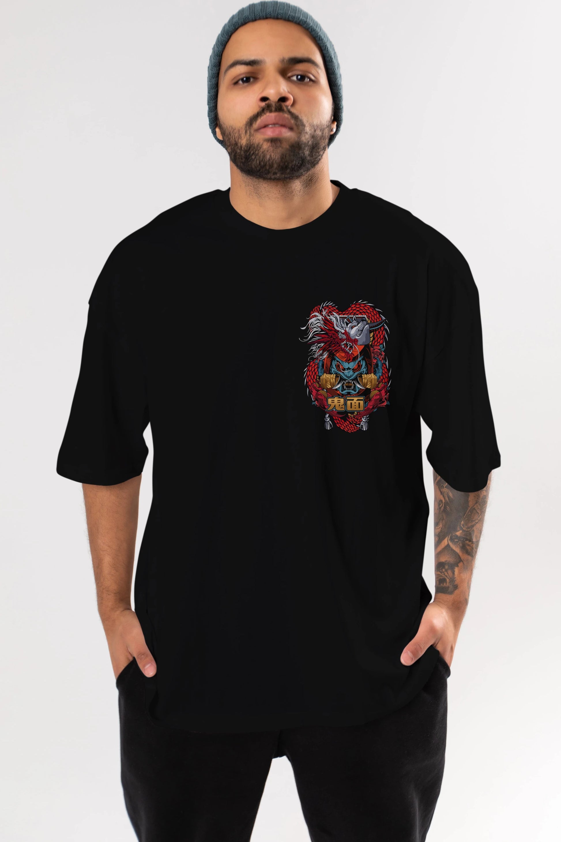 TRIBAL Ön Sol Baskılı Oversize t-shirt Erkek Kadın Unisex %100 Pamuk Bisiklet Yaka tişort