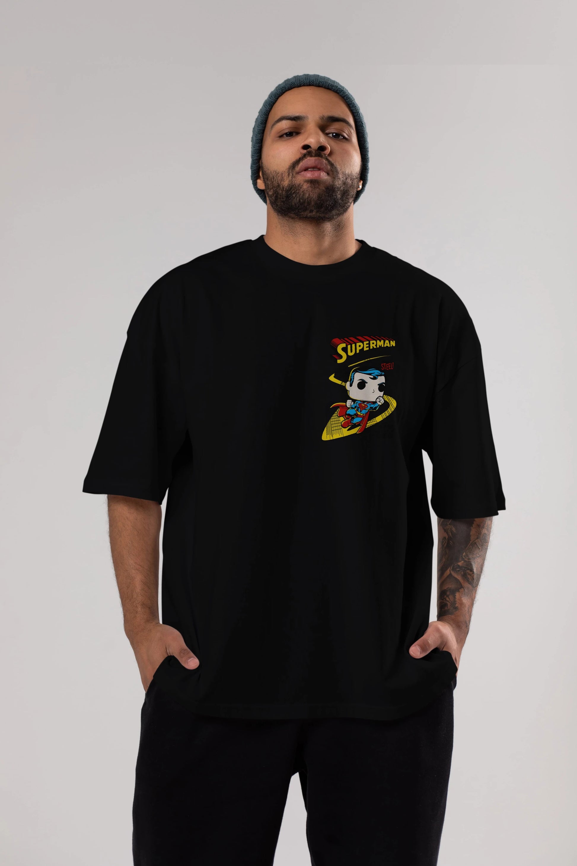 Superman (2) Ön Sol Baskılı Oversize t-shirt Erkek Kadın Unisex %100 Pamuk Bisiklet Yaka tişort