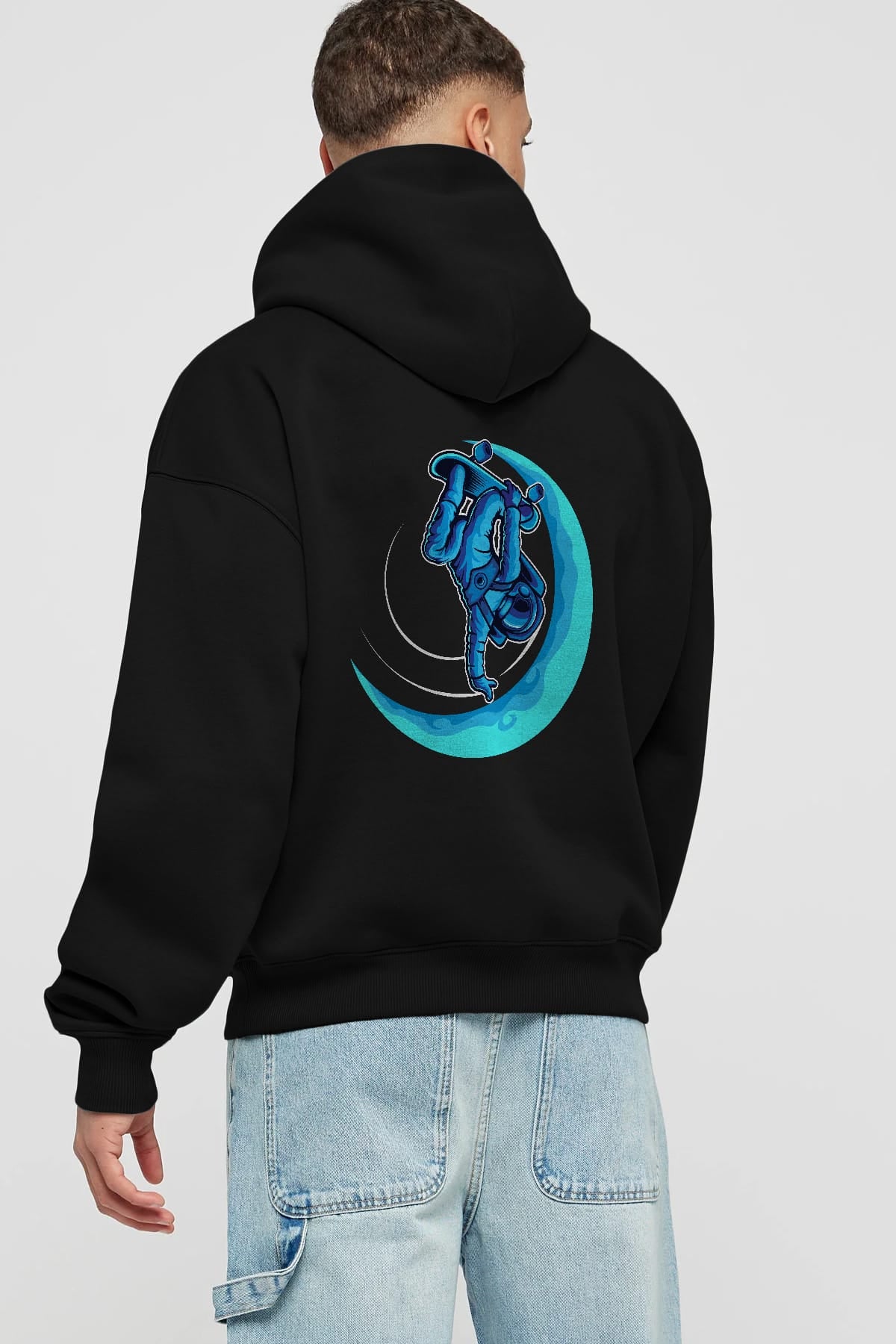 Skating on the moon Arka Baskılı Hoodie Oversize Kapüşonlu Sweatshirt Erkek Kadın Unisex