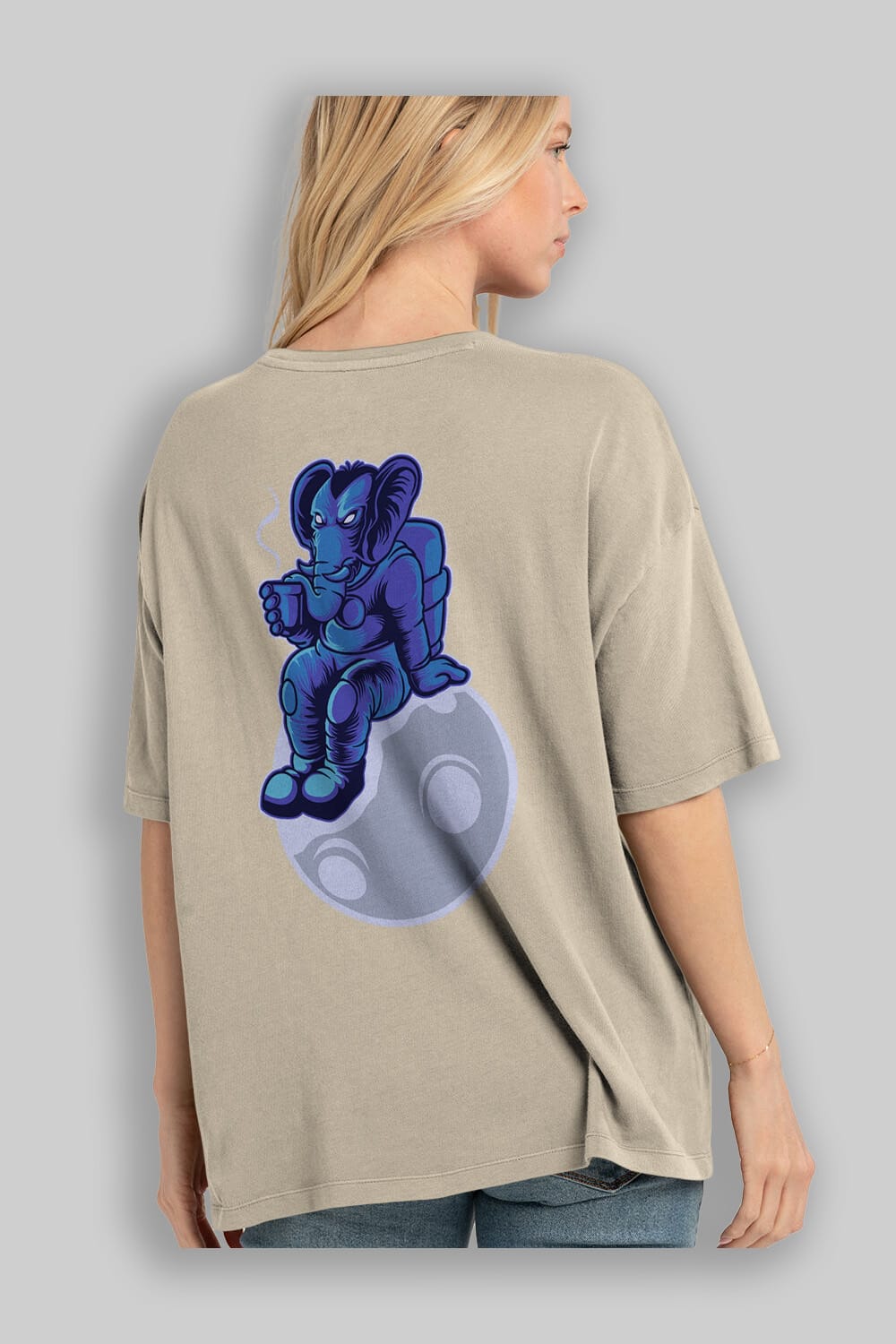 Space Elephant Drink Coffee Arka Baskılı Oversize t-shirt Erkek Kadın Unisex