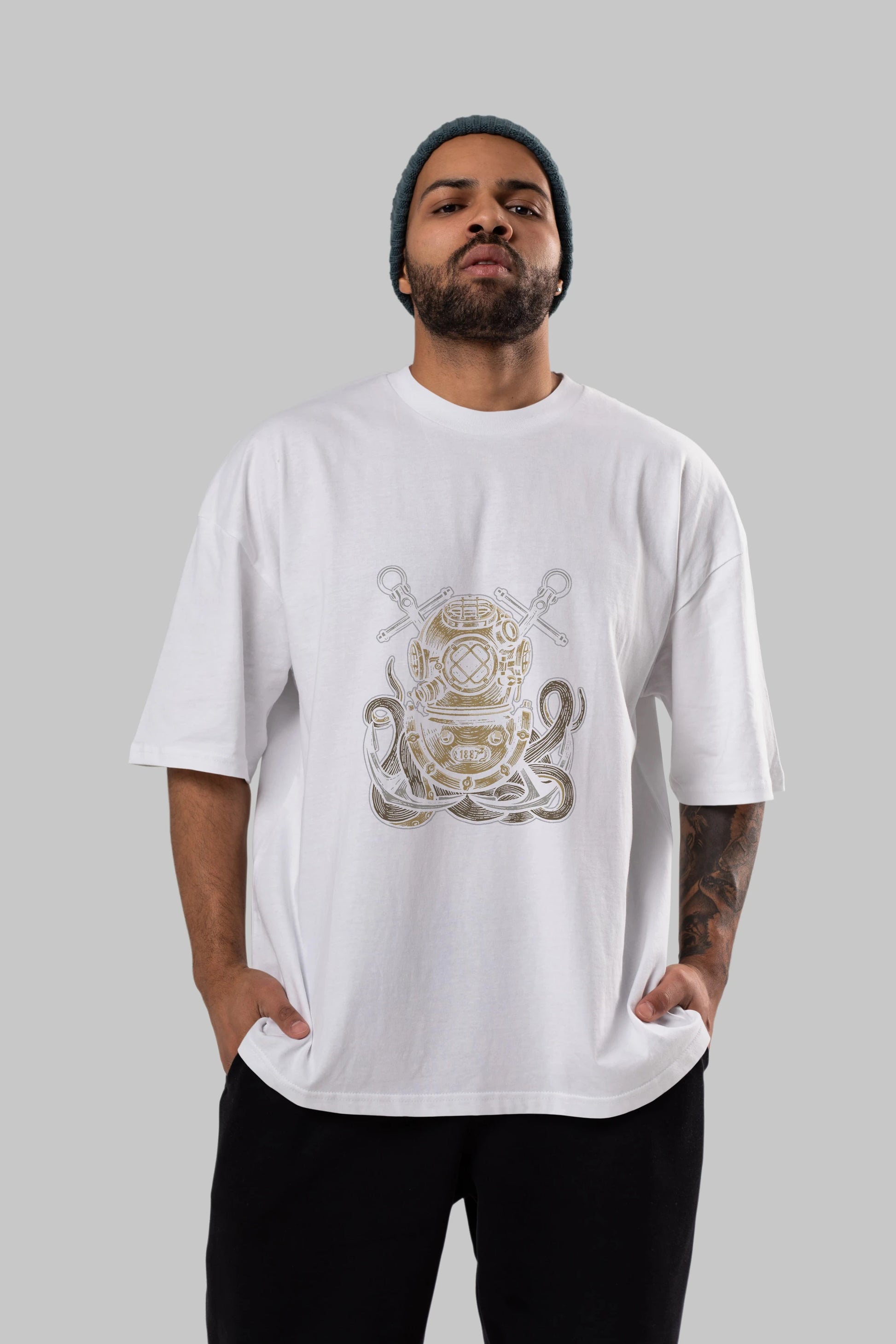 Diver Octopus Ön Baskılı Oversize t-shirt Erkek Kadın Unisex %100 Pamuk tişort