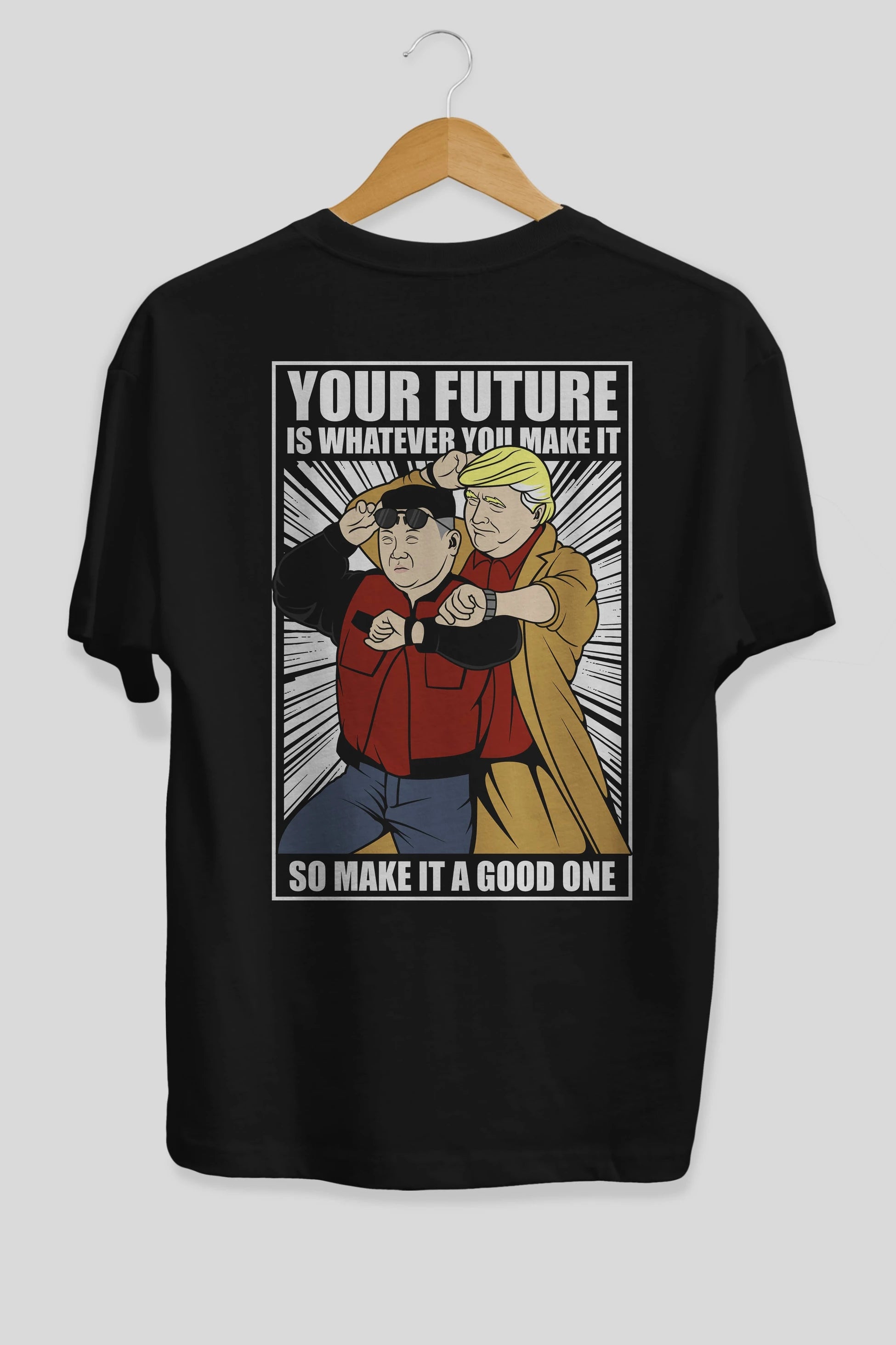 Back To The Future Jong Un Trump Arka Baskılı Oversize t-shirt Erkek Kadın Unisex %100 Pamuk tişort
