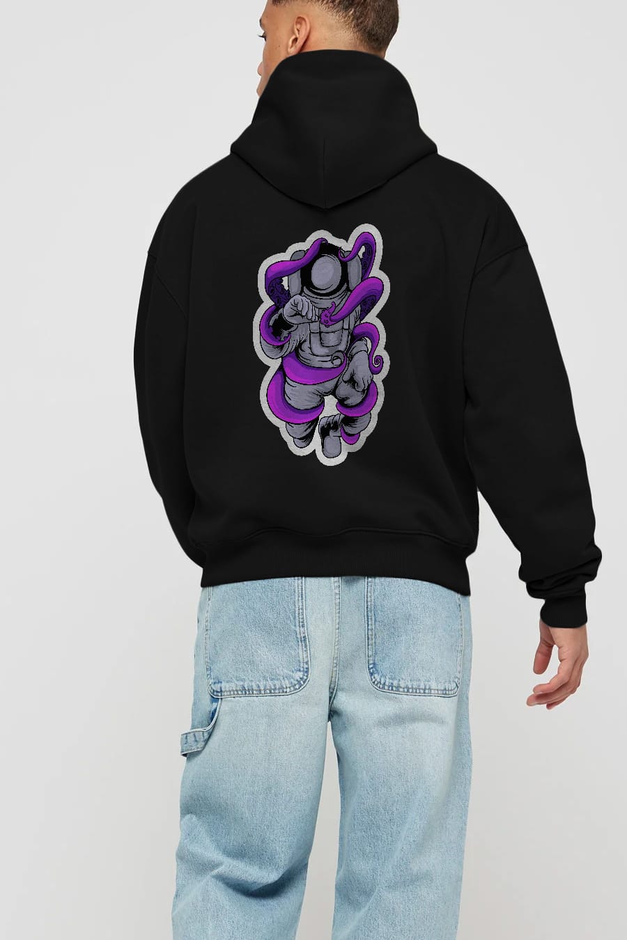 Astronaut fighting octopus sticker Arka Baskılı Hoodie Oversize Kapüşonlu Sweatshirt Erkek Kadın Unisex