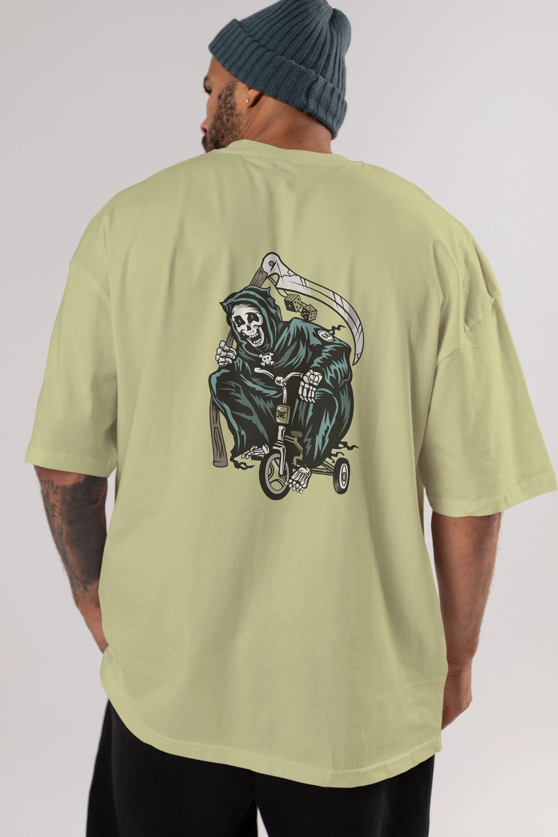 Grim Reaper Bicycle Arka Baskılı Oversize t-shirt Erkek Kadın Unisex %100 Pamuk tişort