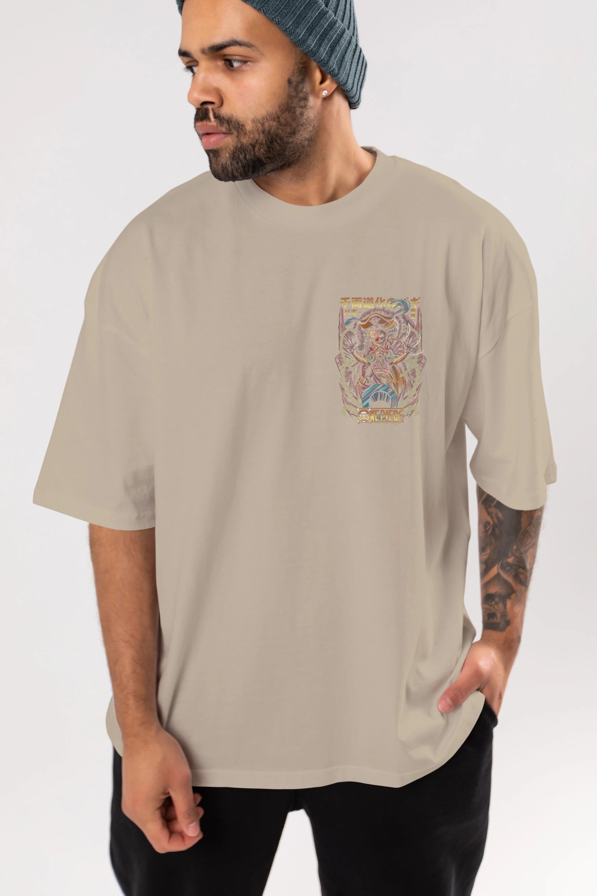 ONE PIECE (5) Ön Sol Baskılı Oversize t-shirt Erkek Kadın Unisex %100 Pamuk Bisiklet Yaka tişort