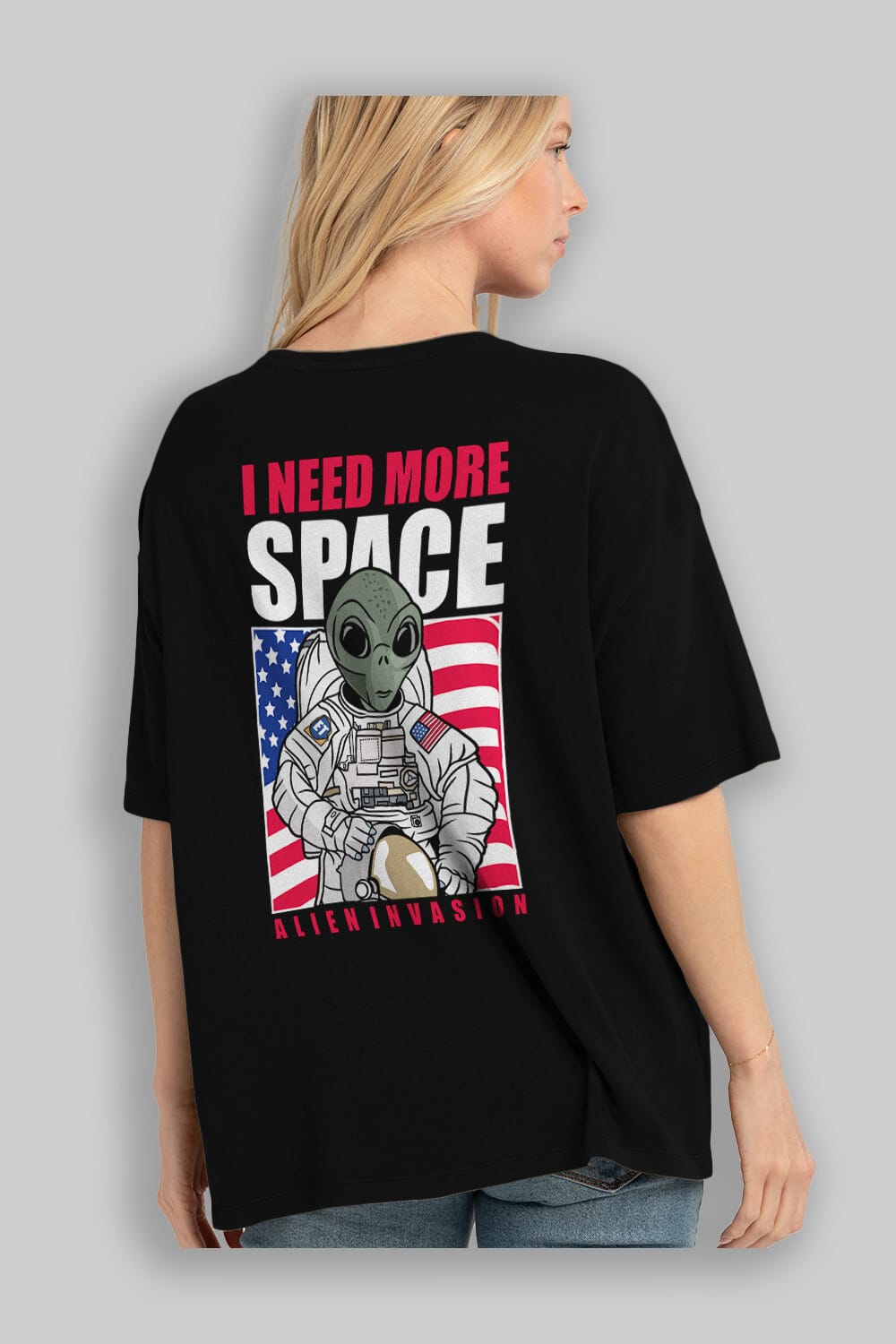 Alien Astronaut Arka Baskılı Oversize t-shirt Erkek Kadın Unisex %100 Pamuk tişort