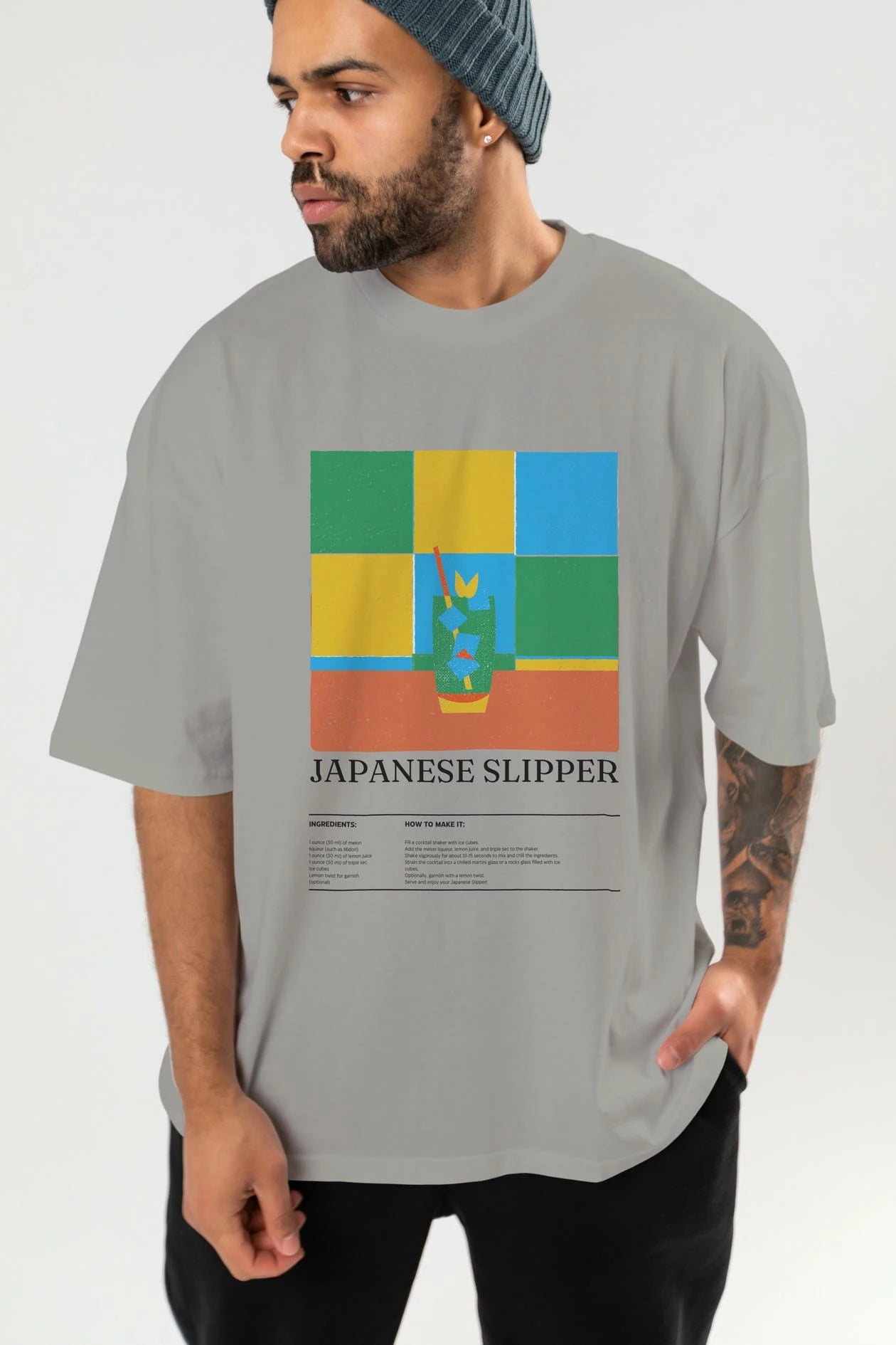 Japanese Slipper Kokteyl Ön Baskılı Oversize t-shirt Erkek Kadın %100 Pamuk Bisiklet Yaka tişort