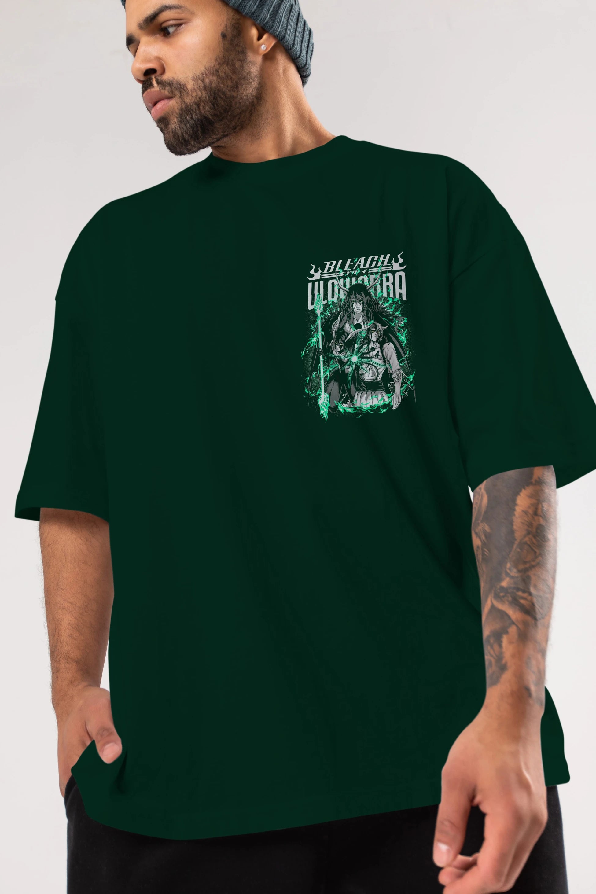 BLEACH(ULQUIARRA) Ön Sol Baskılı Oversize t-shirt Erkek Kadın Unisex %100 Pamuk Bisiklet Yaka tişort