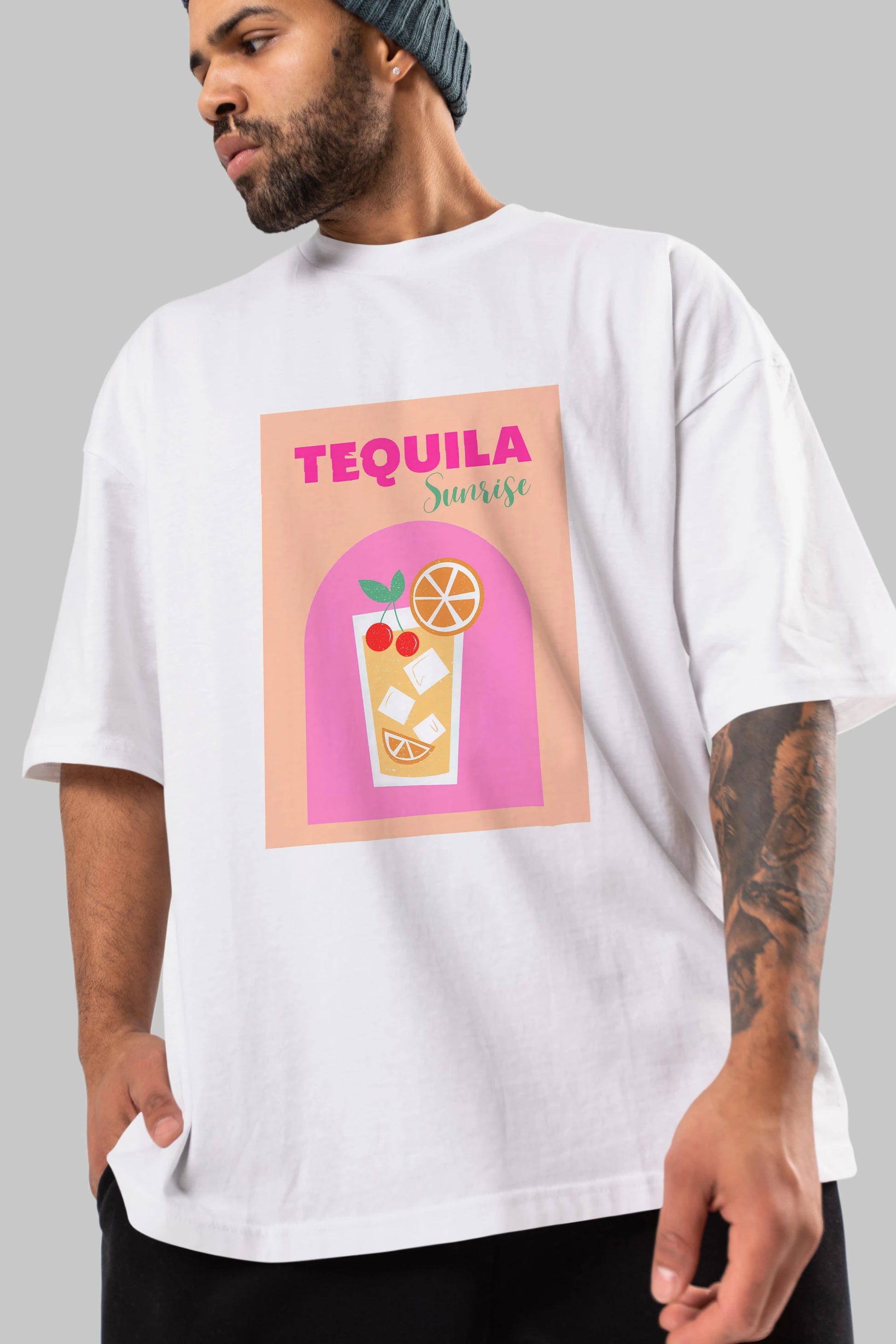 Tequila Sunrise 2 Ön Baskılı Oversize t-shirt Erkek Kadın Unisex %100 Pamuk Bisiklet Yaka tişort