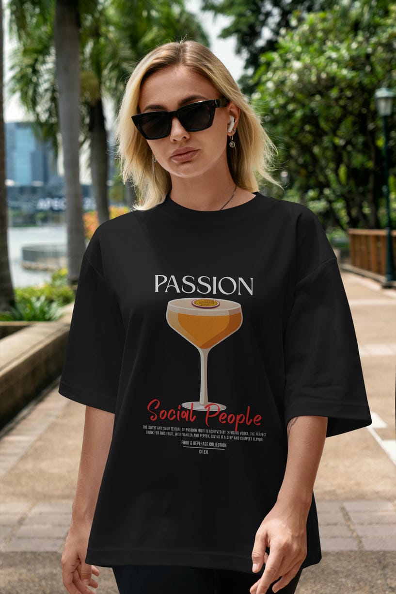 Passion Kokteyl Serisi ön Baskılı Oversize t-shirt Erkek Kadın %100 Pamuk Bisiklet Yaka tişort