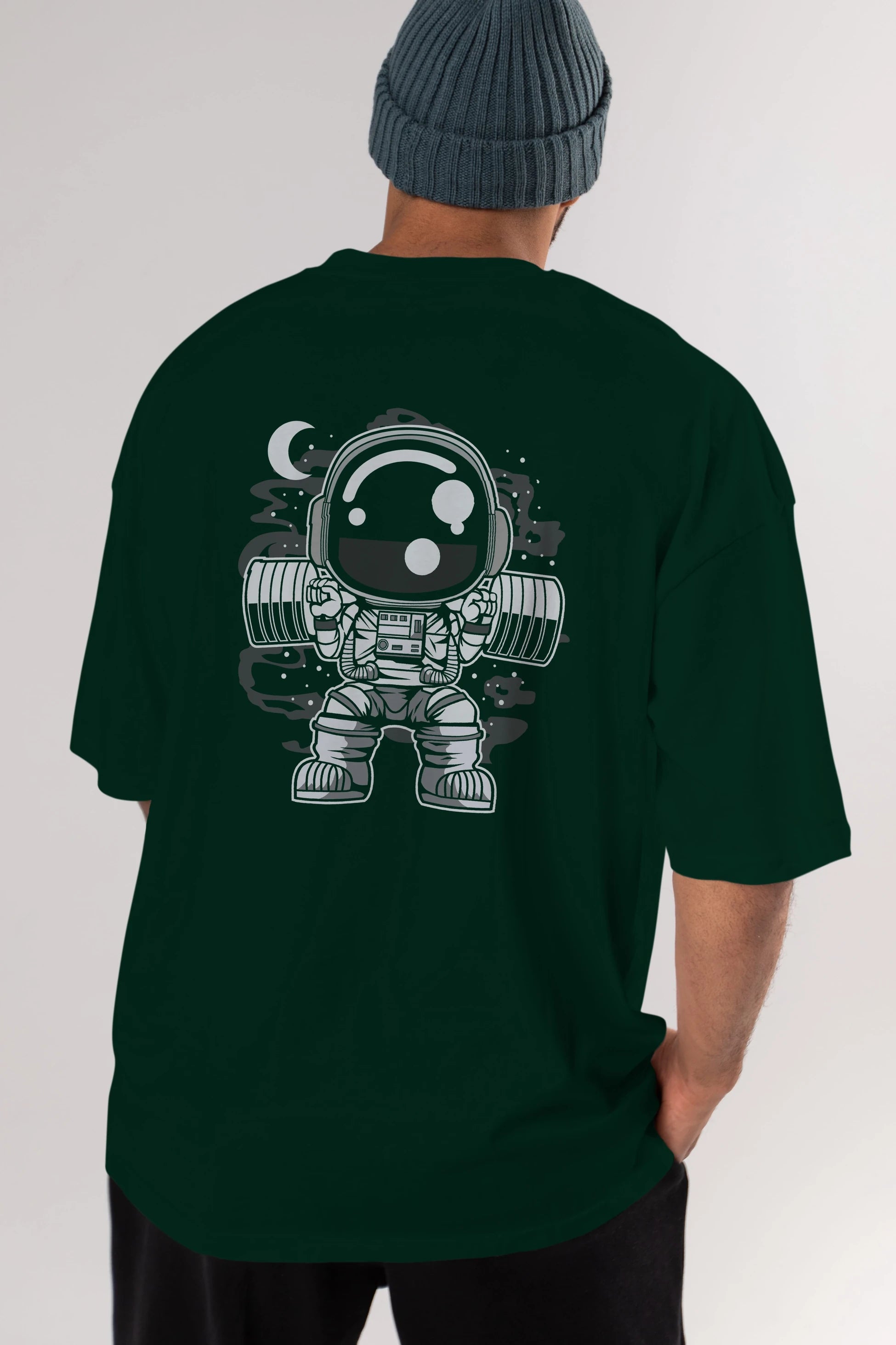 Astronaut Barbell Body Builder Arka Baskılı Oversize t-shirt Erkek Kadın Unisex