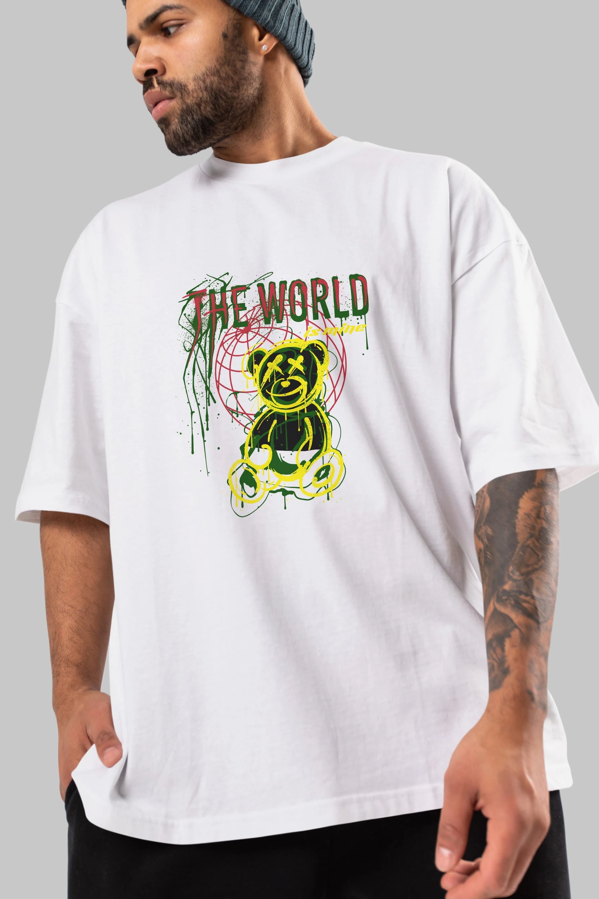 The World is Mine Bear Ön Baskılı Oversize t-shirt Erkek Kadın Unisex