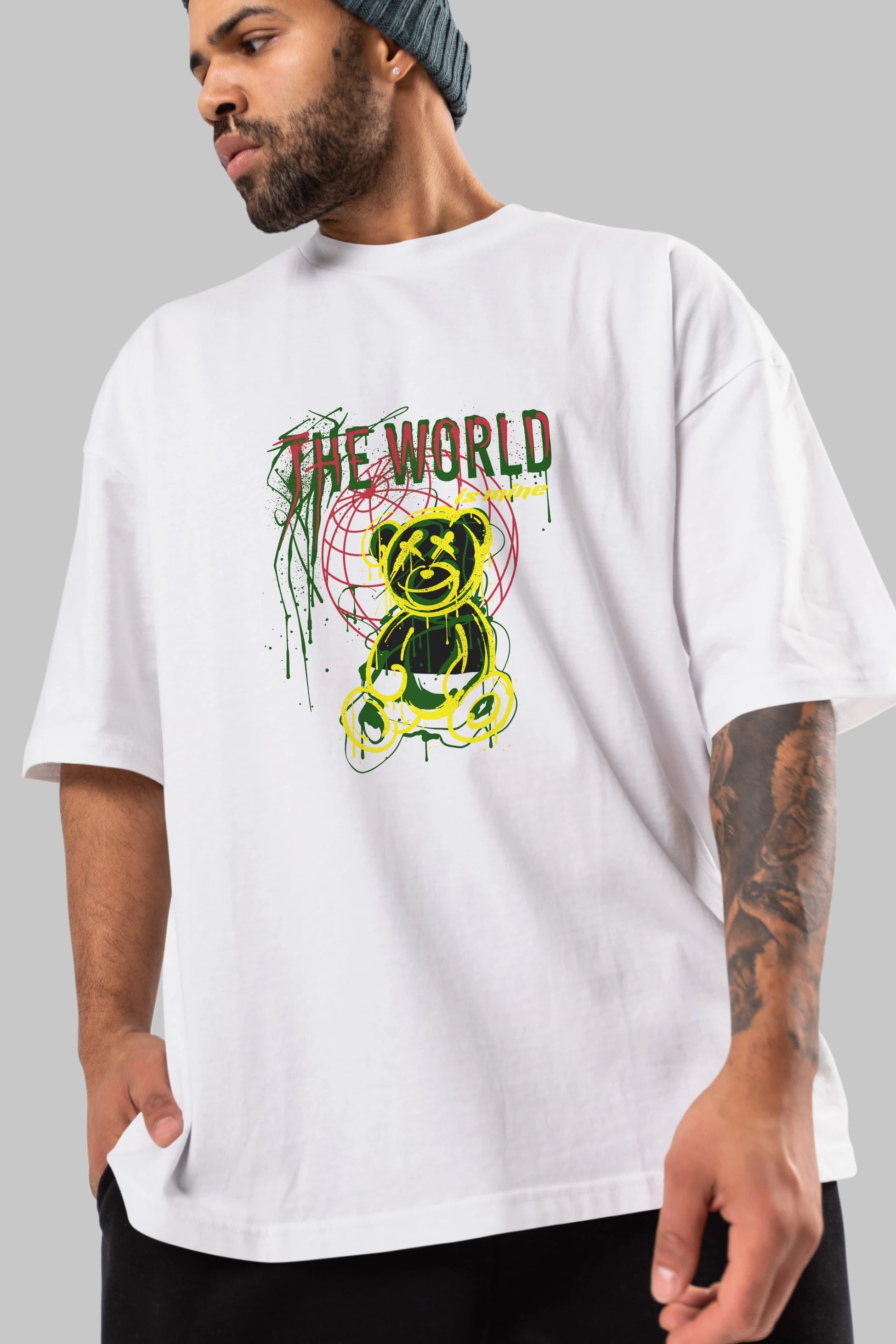 The World is Mine Bear Ön Baskılı Oversize t-shirt Erkek Kadın Unisex