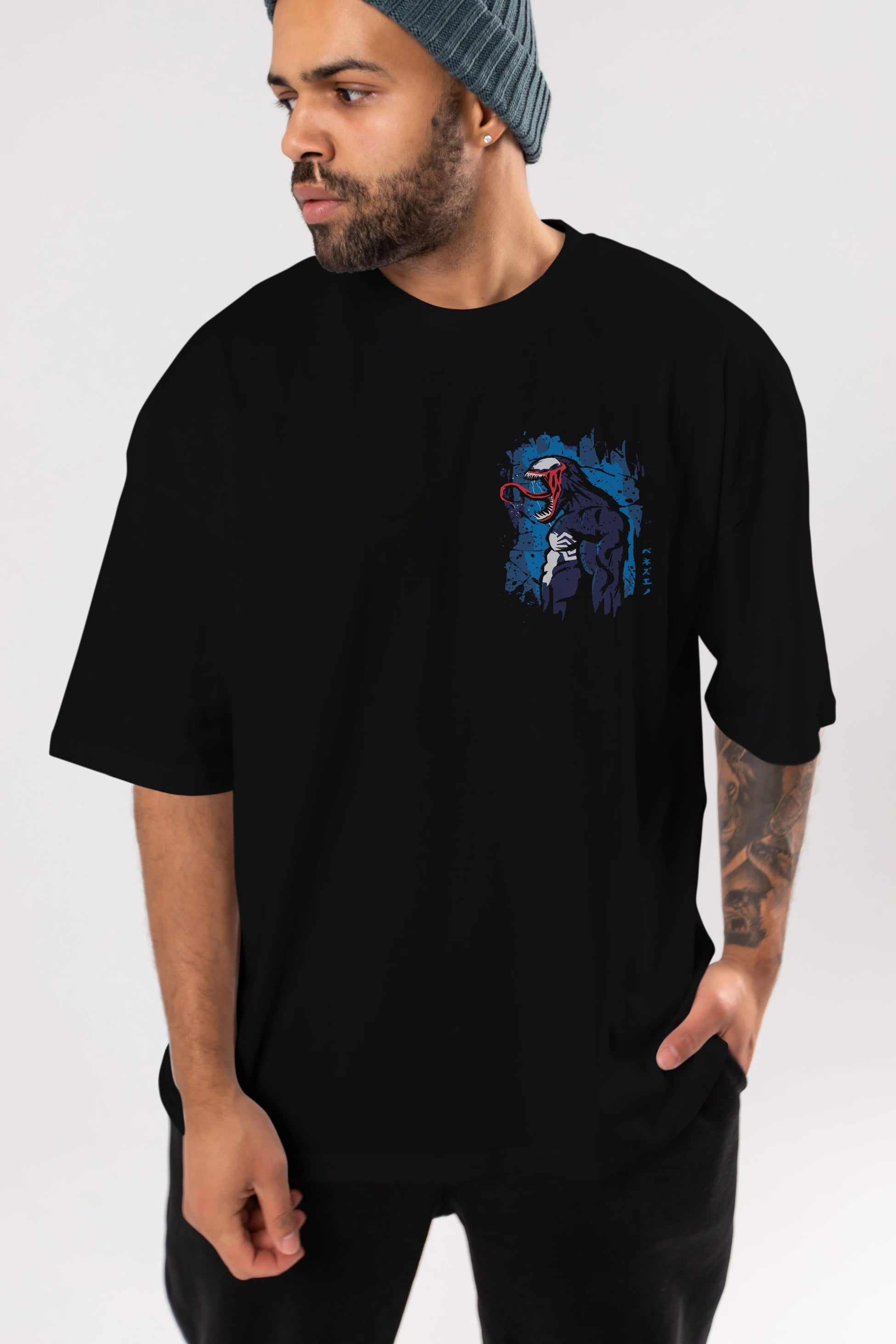 Venom (24) Ön Sol Baskılı Oversize t-shirt Erkek Kadın Unisex %100 Pamuk Bisiklet Yaka tişort
