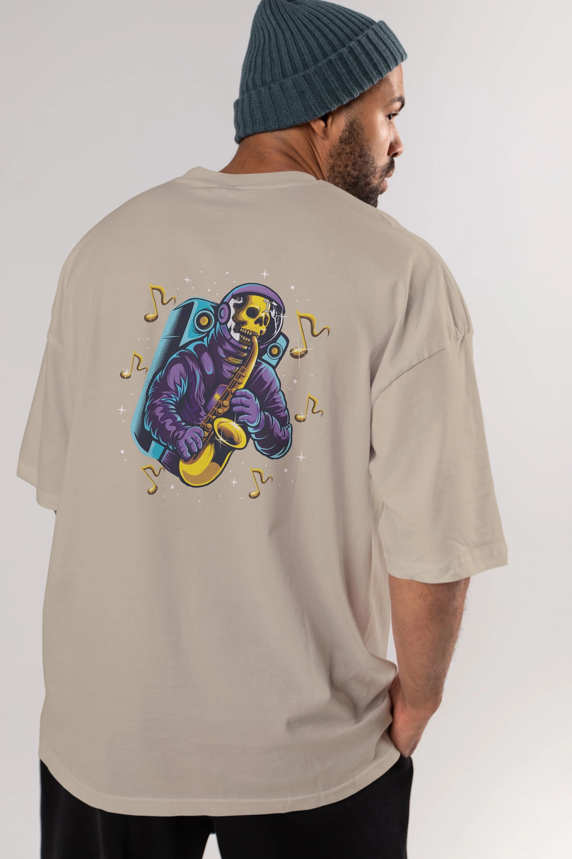Astroskull Saxophonist Arka Baskılı Oversize t-shirt Erkek Kadın Unisex
