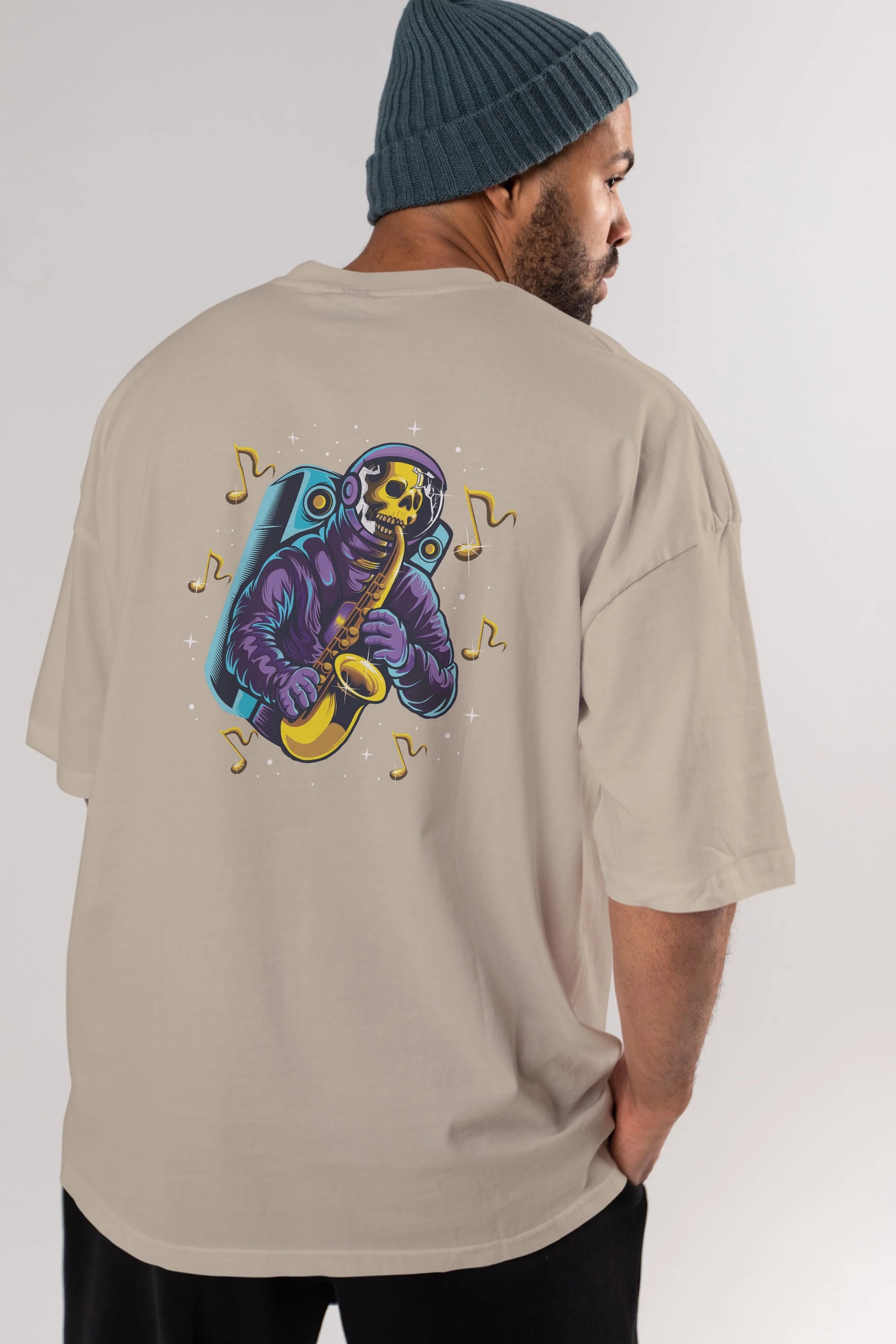 Astroskull Saxophonist Arka Baskılı Oversize t-shirt Erkek Kadın Unisex