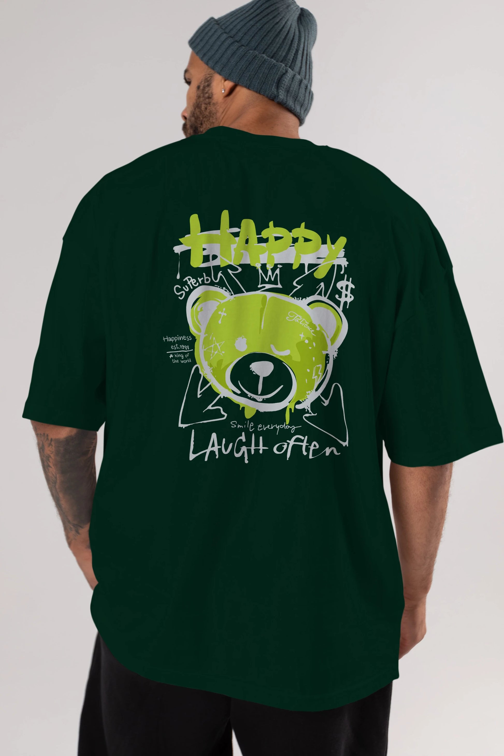 Happy Bear Arka Baskılı Oversize t-shirt Erkek Kadın Unisex
