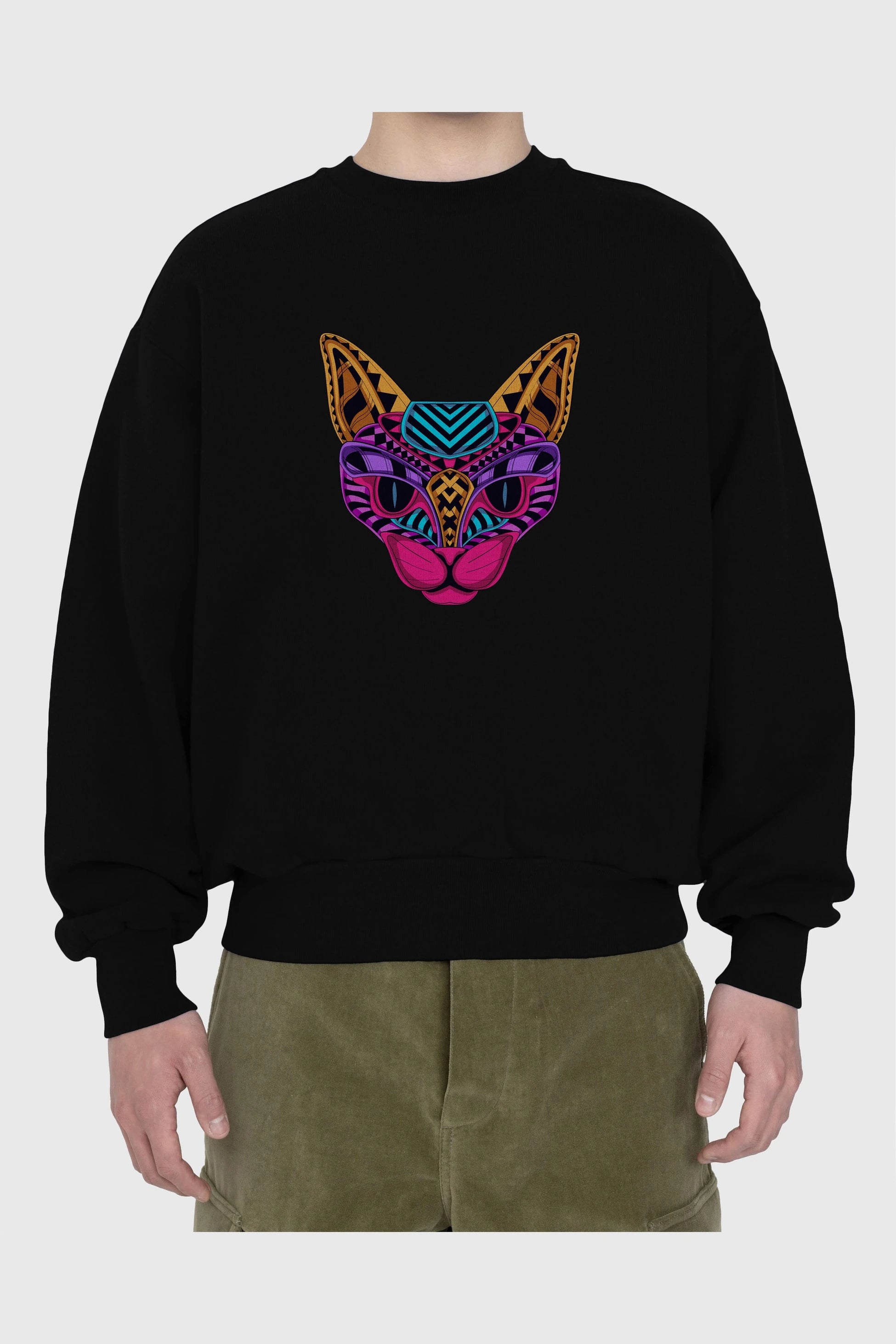 Black Neon Cat Ön Baskılı Oversize Sweatshirt Erkek Kadın Unisex