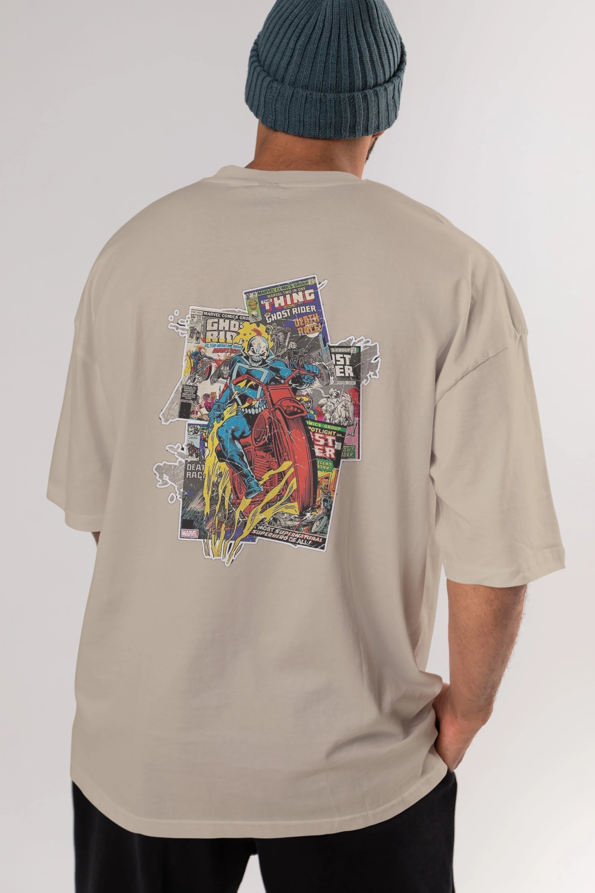 Ghost Rider Arka Baskılı Oversize t-shirt Erkek Kadın Unisex %100 Pamuk Bisiklet Yaka tişort