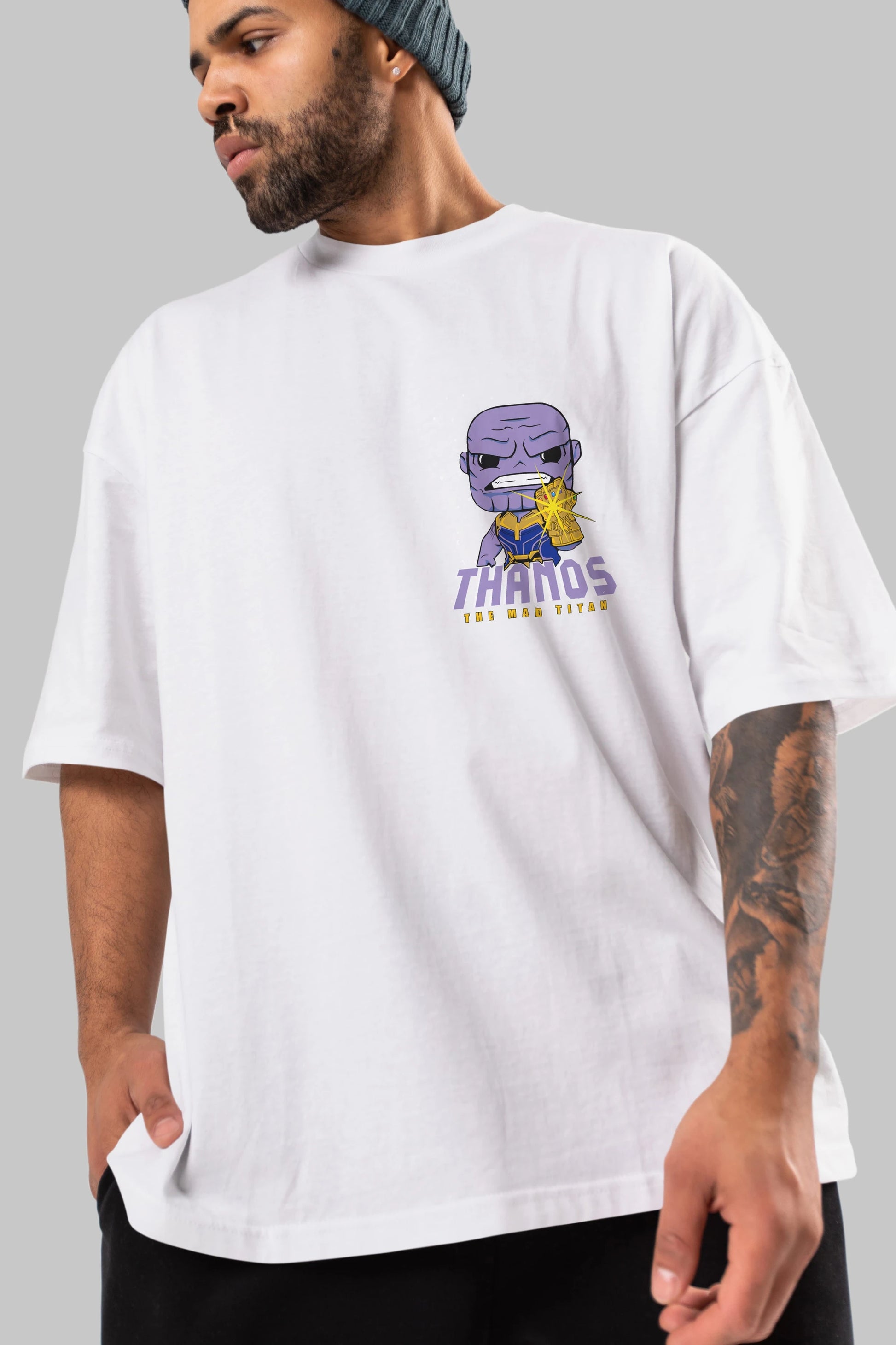 Thanos (1) Ön Sol Baskılı Oversize t-shirt Erkek Kadın Unisex %100 Pamuk Bisiklet Yaka tişort