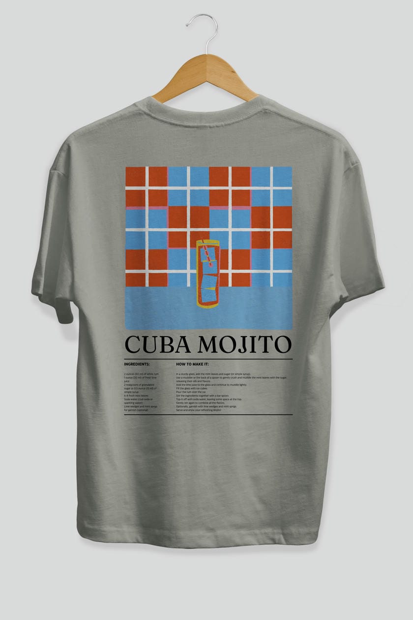 Cuba Mojıto Kokteyl Serisi Arka Baskılı Oversize t-shirt Erkek Kadın %100 Pamuk Bisiklet Yaka tişort