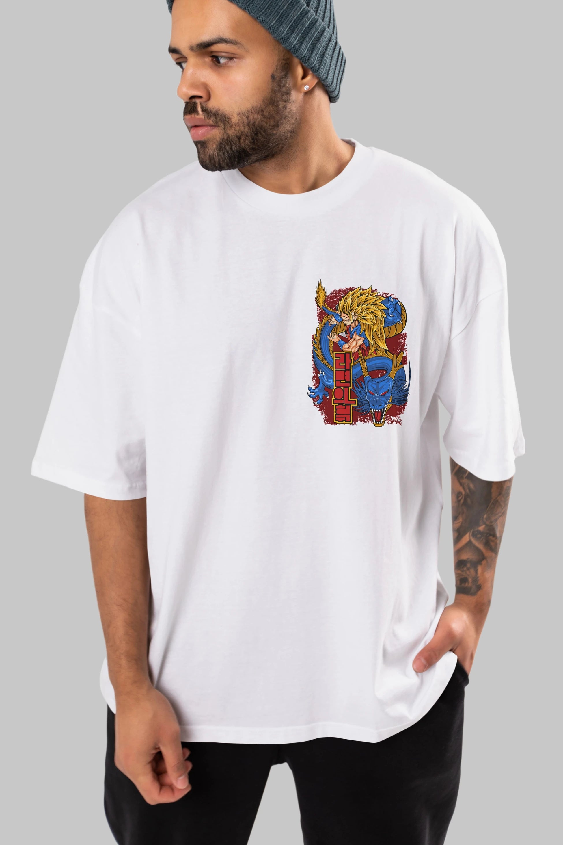 DRAGON BALL Z Ön Sol Baskılı Oversize t-shirt Erkek Kadın Unisex %100 Pamuk Bisiklet Yaka tişort