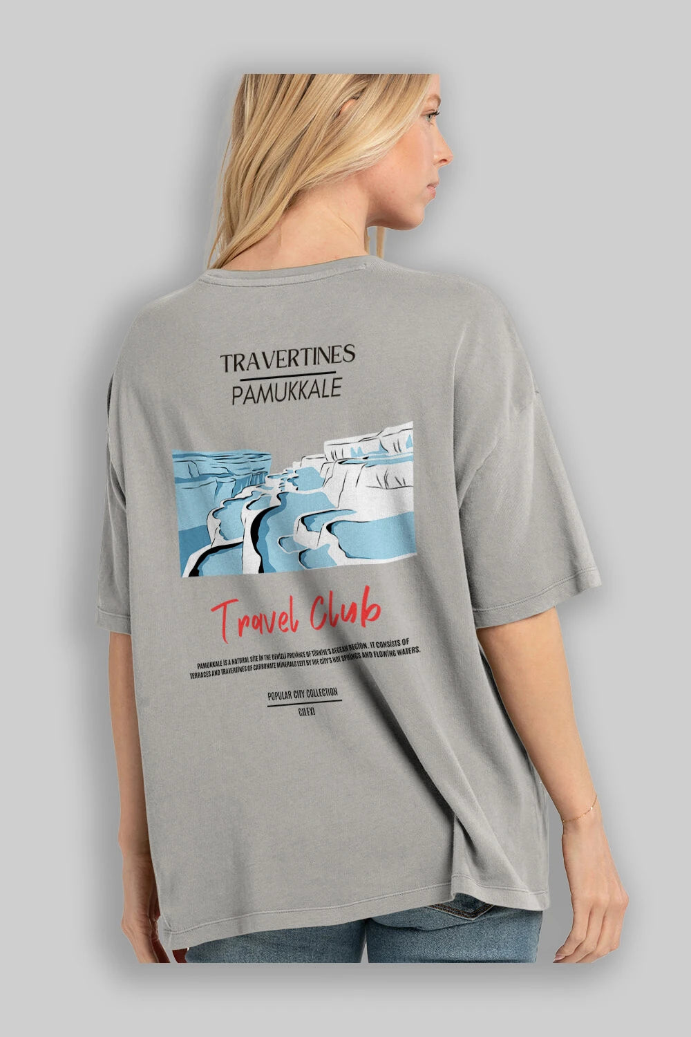 Travertines Pamukkale Arka Baskılı Oversize t-shirt Erkek Kadın Pamuk Bisiklet Yaka tişort