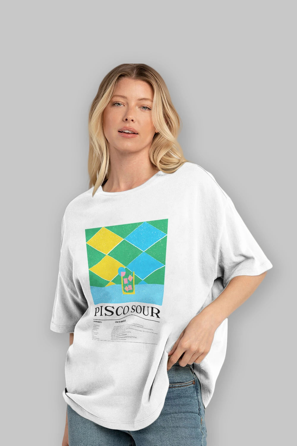 Pisco Sour Kokteyl Ön Baskılı Oversize t-shirt Erkek Kadın %100 Pamuk Bisiklet Yaka tişort