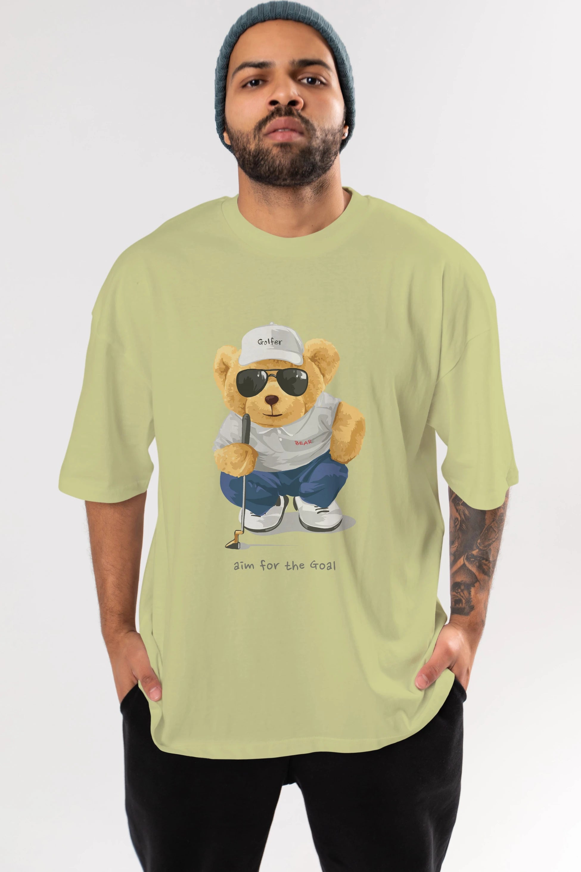 Teddy Bear Golfer Ön Baskılı Oversize t-shirt Erkek Kadın Unisex %100 Pamuk