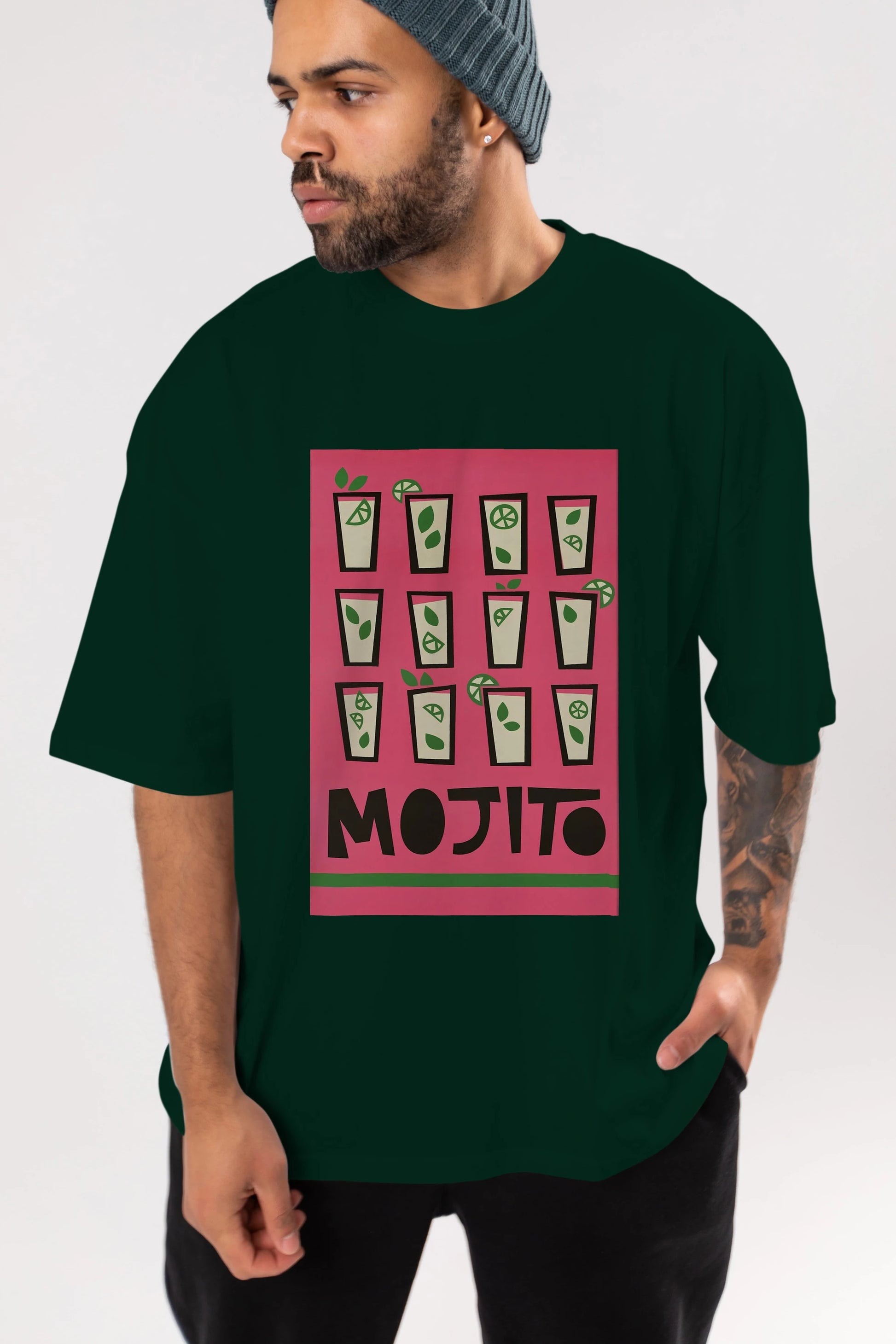 Mojito Ön Baskılı Oversize t-shirt Erkek Kadın Unisex %100 Pamuk Bisiklet Yaka tişort