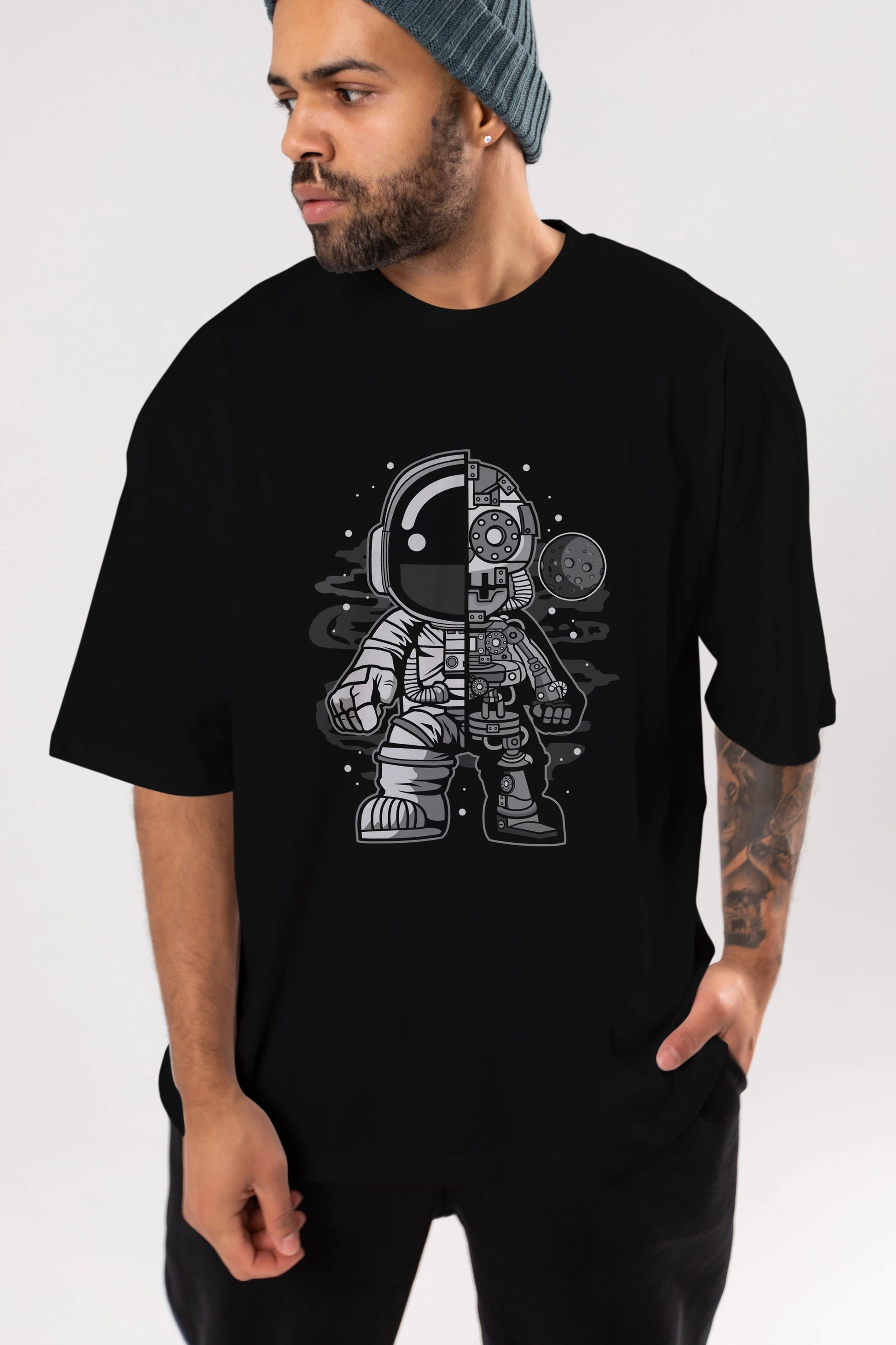 Astronaut Half Robot Ön Baskılı Oversize t-shirt Erkek Kadın Unisex