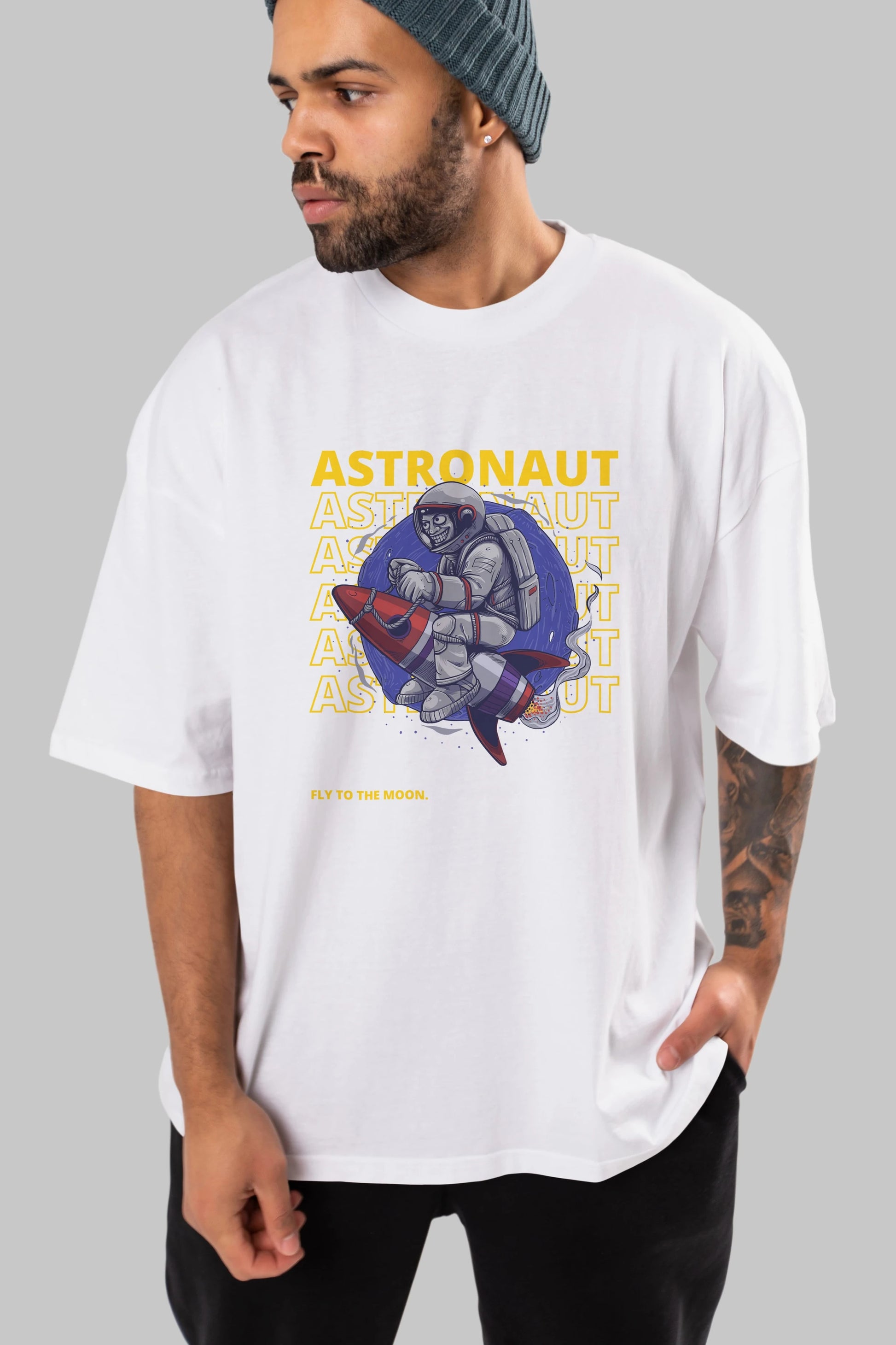 Astronaut Fly to the Moon Yazılı Ön Baskılı Oversize t-shirt Erkek Kadın Unisex