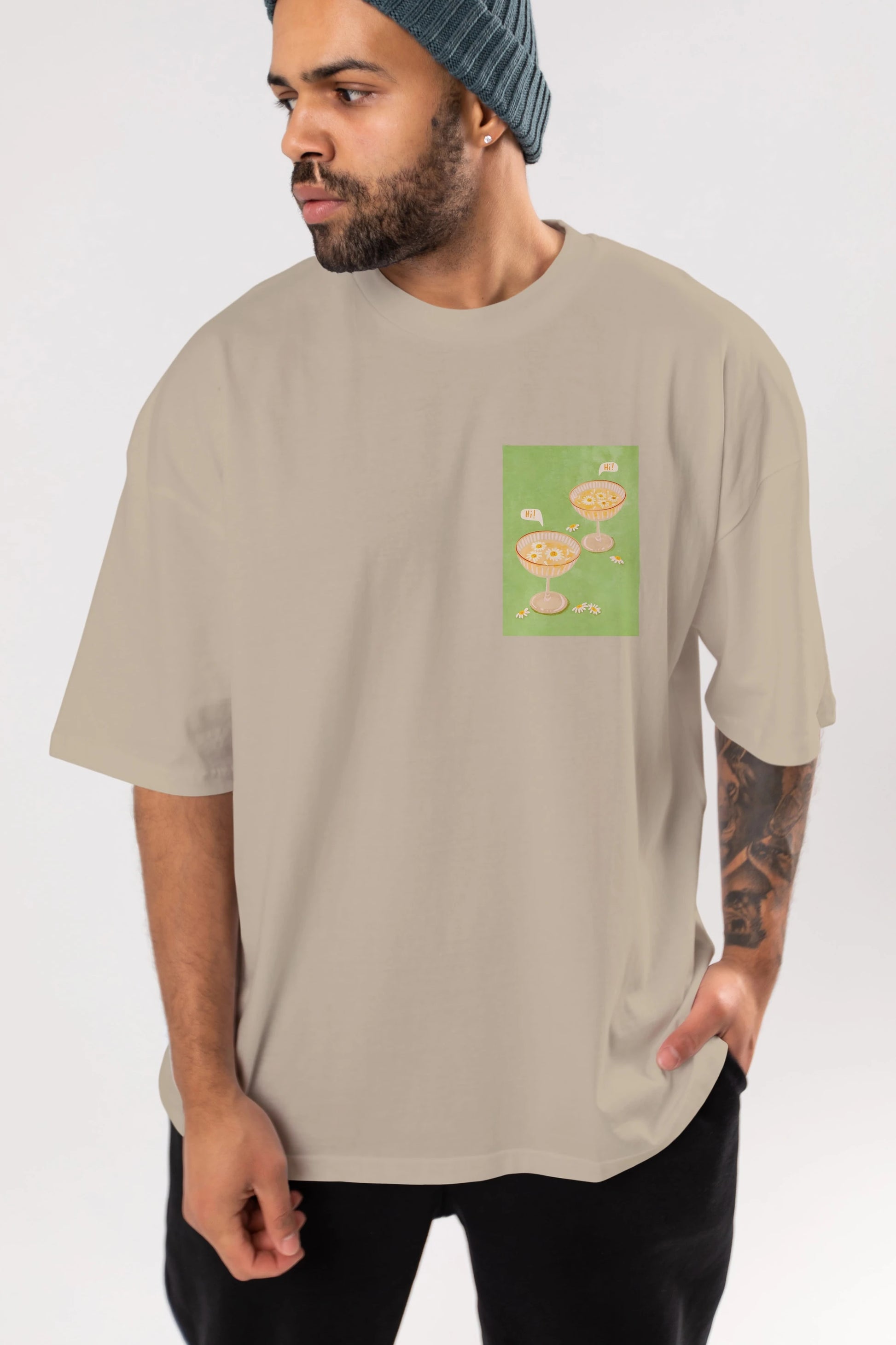 Hi Cheers Ön Sol Baskılı Oversize t-shirt Erkek Kadın Unisex %100 Pamuk Bisiklet Yaka tişort