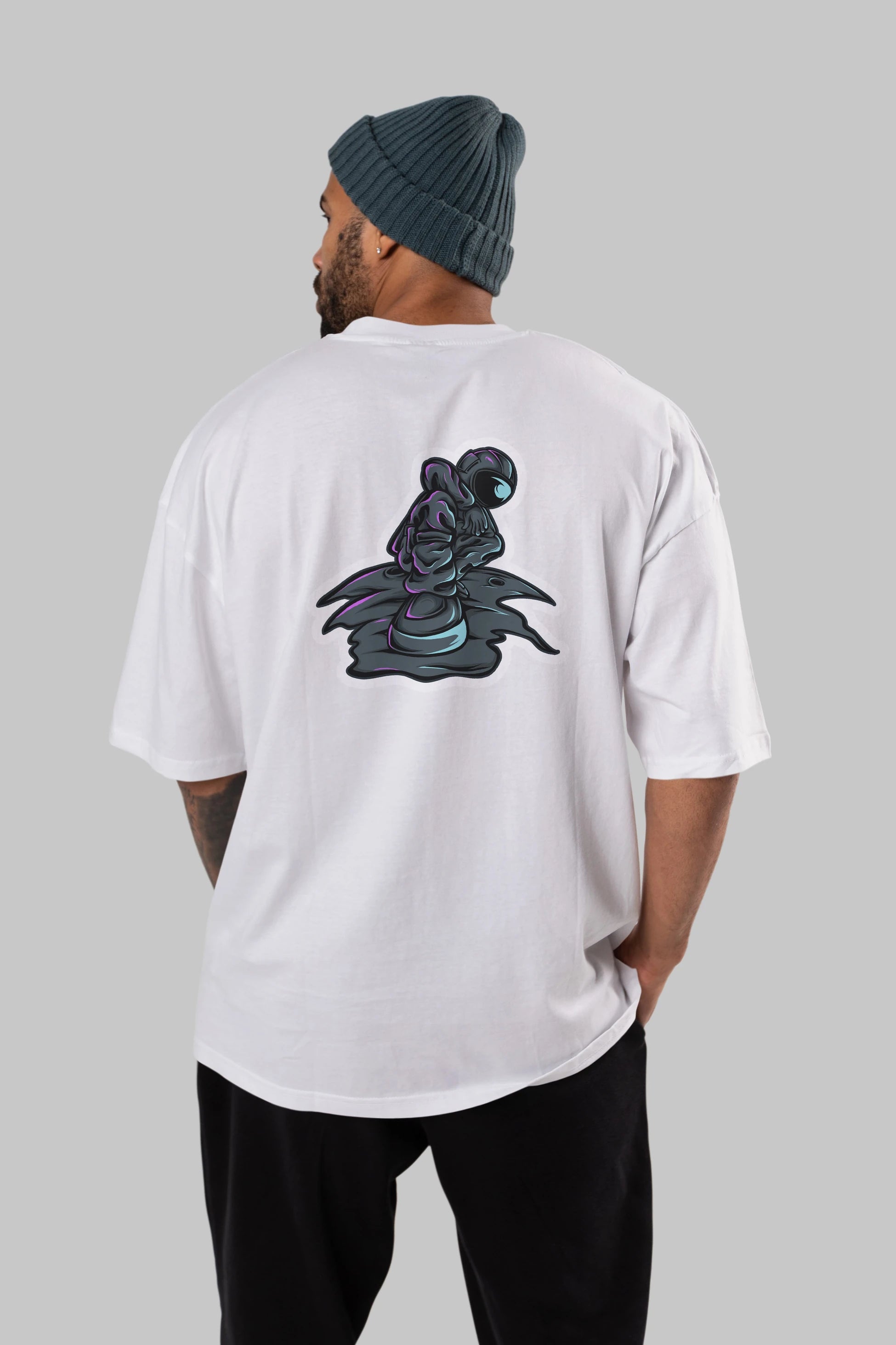 Stylish Astronaut Sticker Arka Baskılı Oversize t-shirt Erkek Kadın Unisex