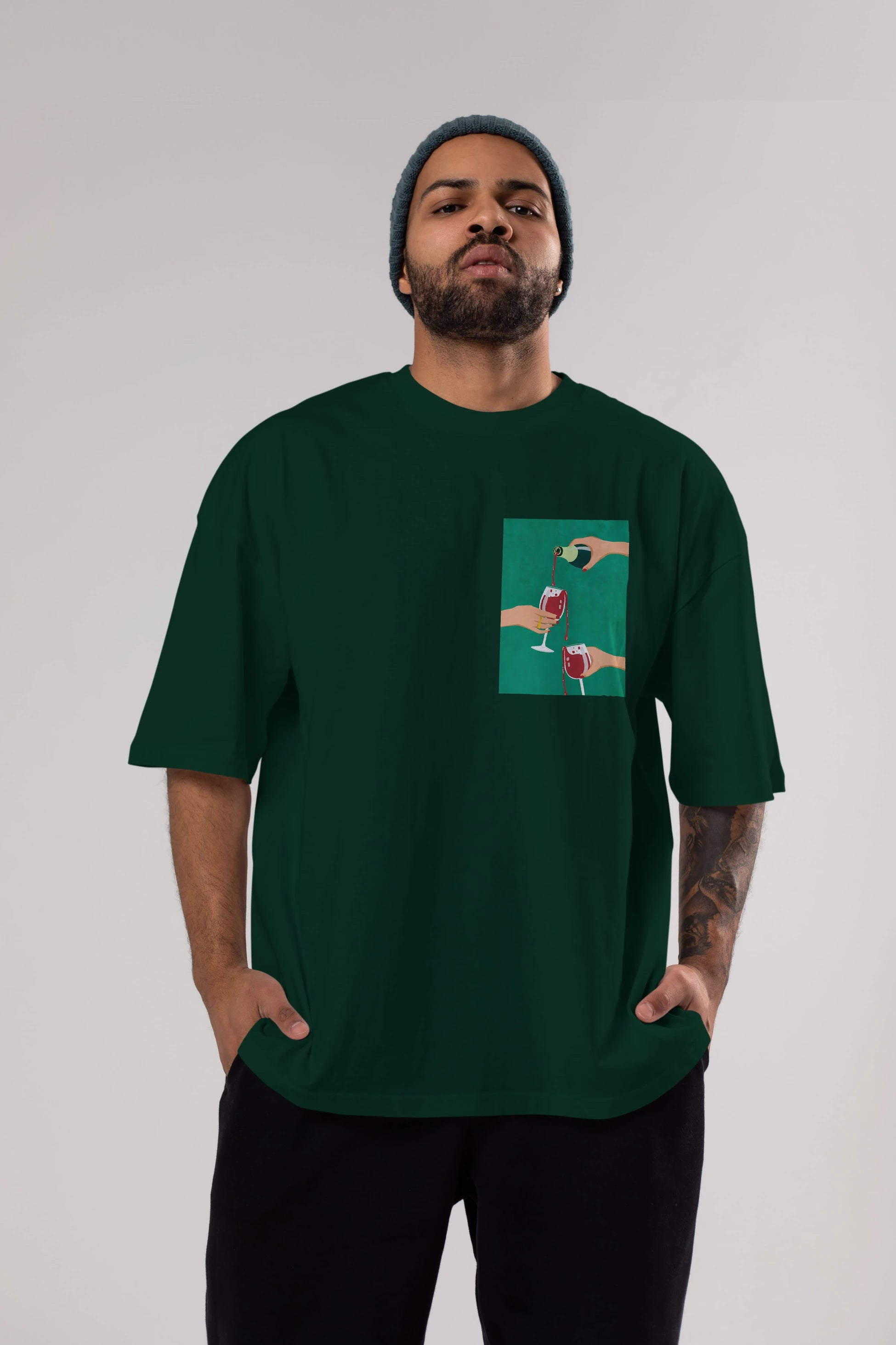 Wine 2 Ön Sol Baskılı Oversize t-shirt Erkek Kadın Unisex %100 Pamuk Bisiklet Yaka tişort