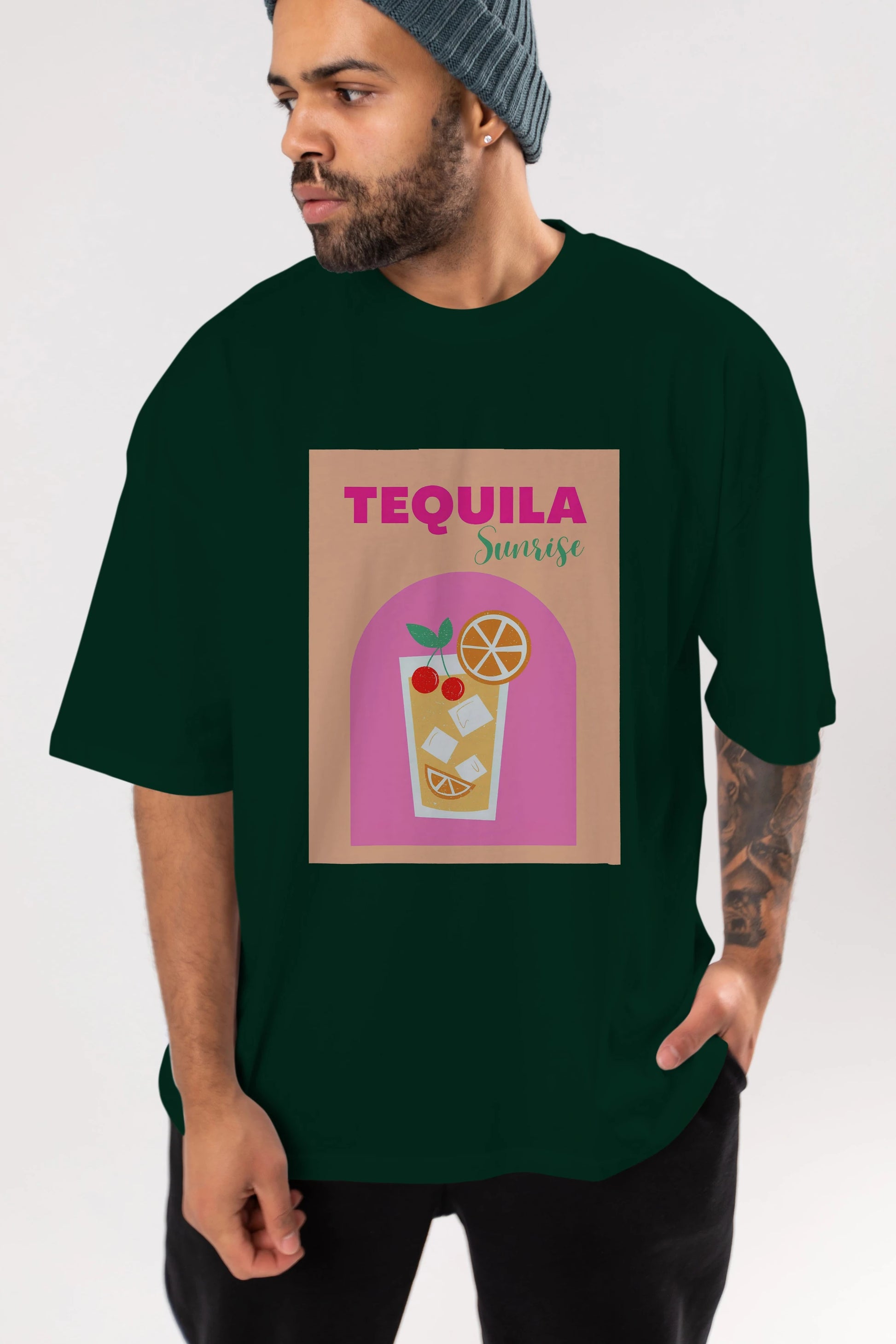 Tequila Sunrise 2 Ön Baskılı Oversize t-shirt Erkek Kadın Unisex %100 Pamuk Bisiklet Yaka tişort