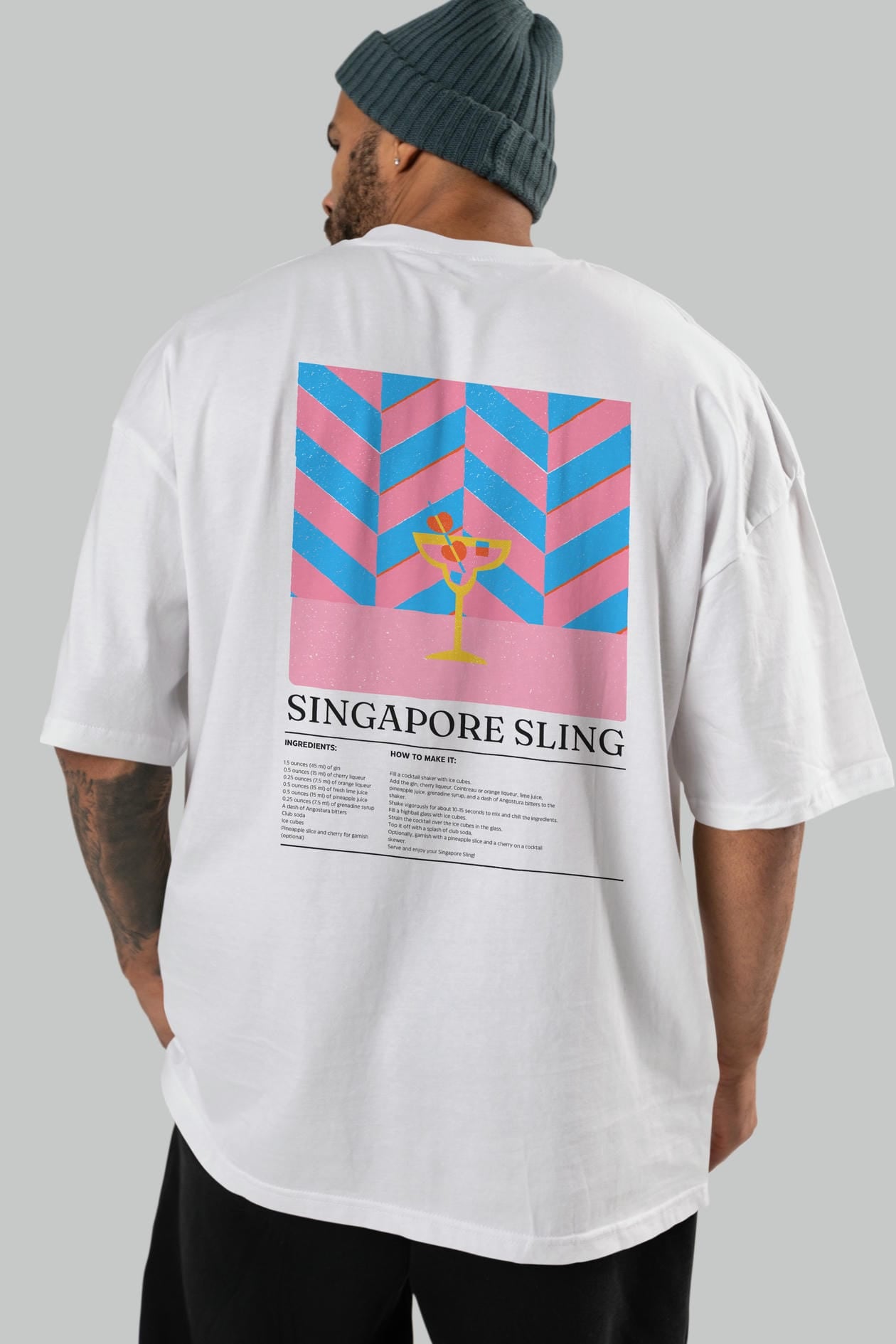 Singapore Sling Kokteyl Serisi Arka Baskılı Oversize t-shirt Erkek Kadın %100 Pamuk Bisiklet Yaka tişort